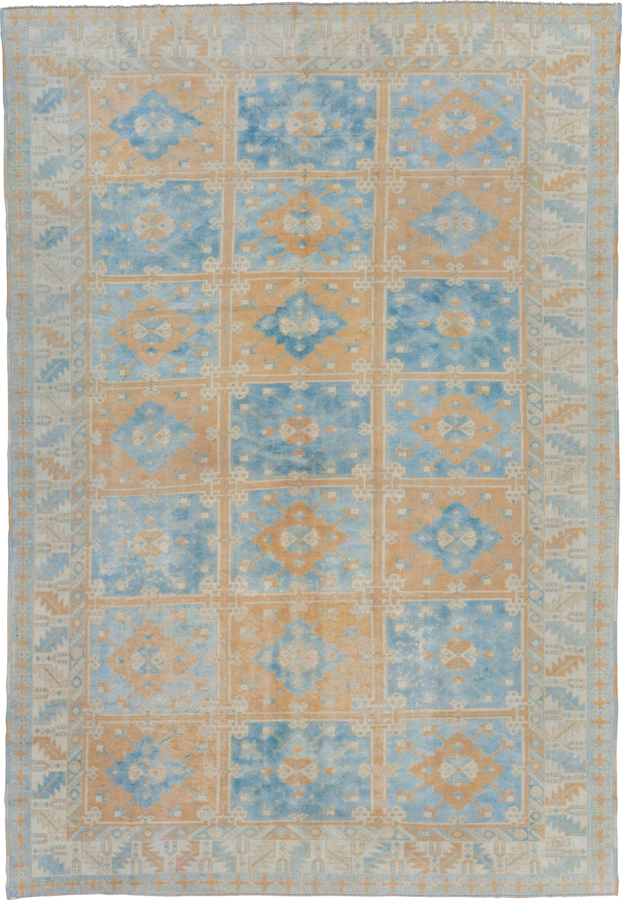 6' x 8' one-of-a-kind handmade vintage Konya medium size rug. Color palette: sky blue, ivory, sand, beige, camel, light blue