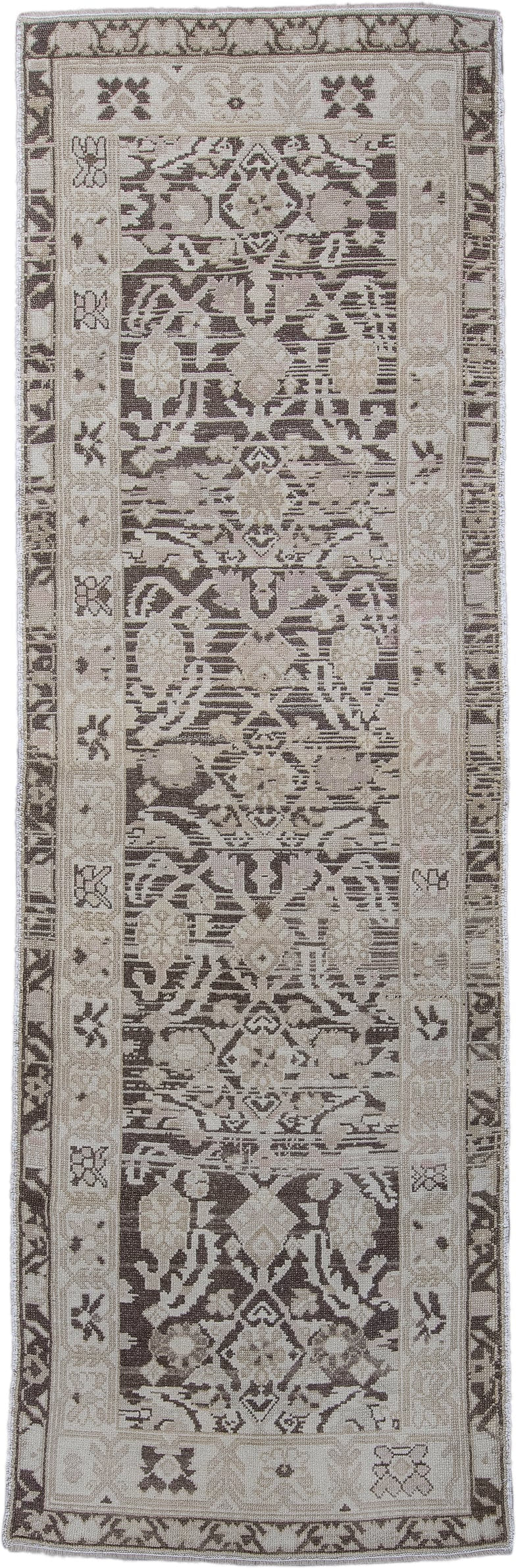 3' x 10' one-of-a-kind handmade vintage Malayer runner rug. Color palette: ivory, taupe, brown, charcoal, beige, gray, black