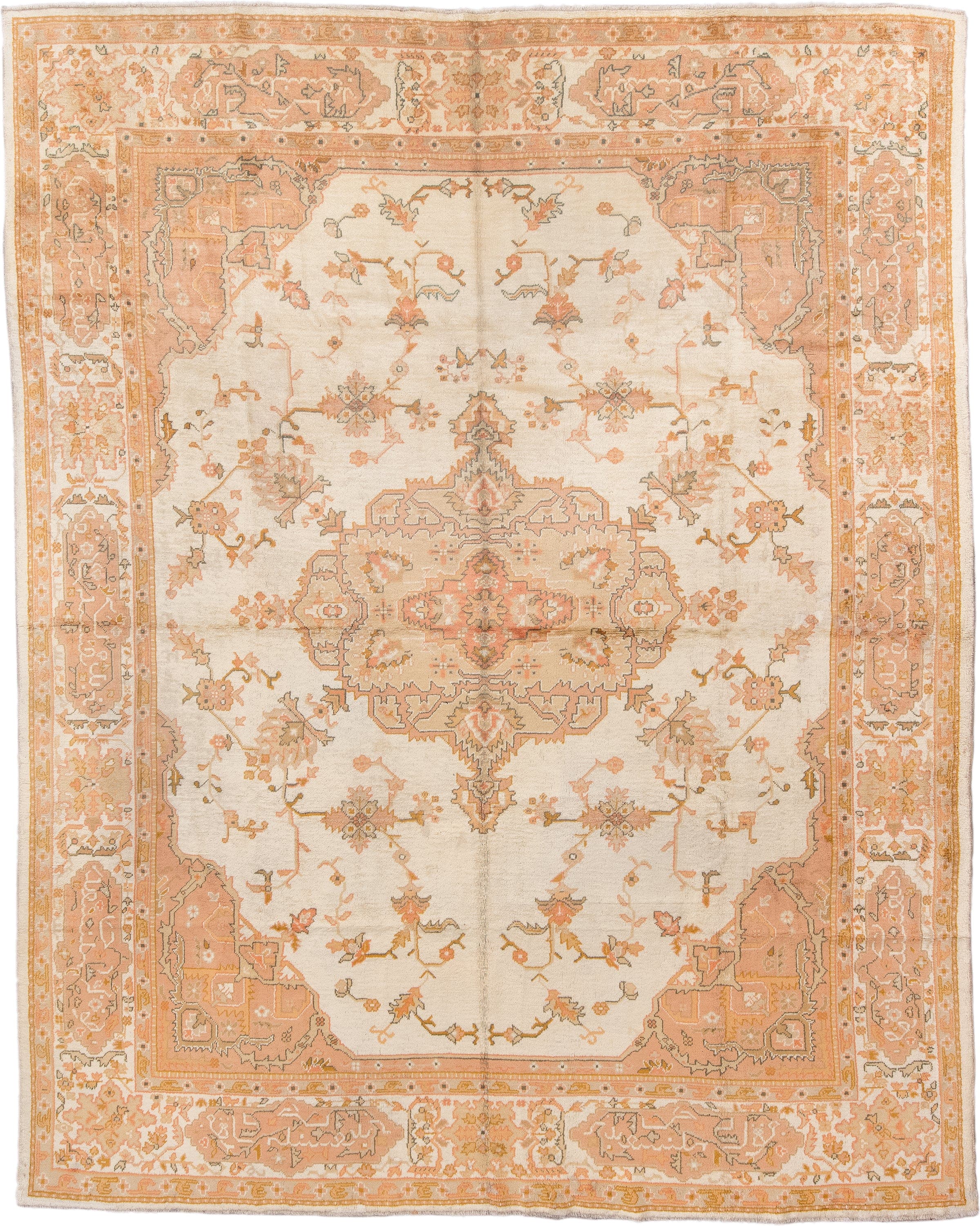 10' x 12' one-of-a-kind handmade antique Oushak large size rug. Color palette: ivory, peach, apricot, muted gold, taupe