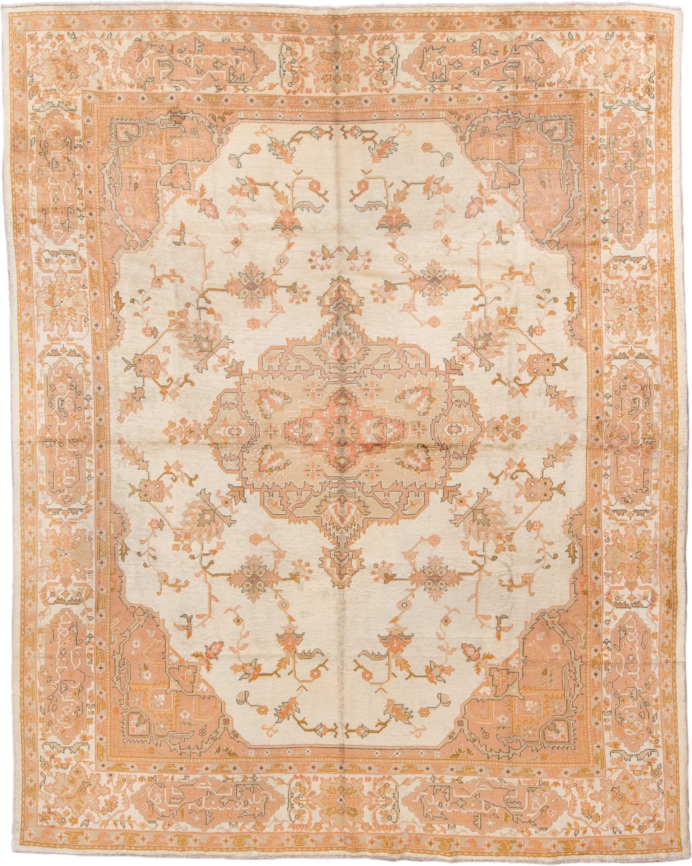 10' x 12' one-of-a-kind handmade antique Oushak large size rug. Color palette: ivory, peach, apricot, muted gold, taupe