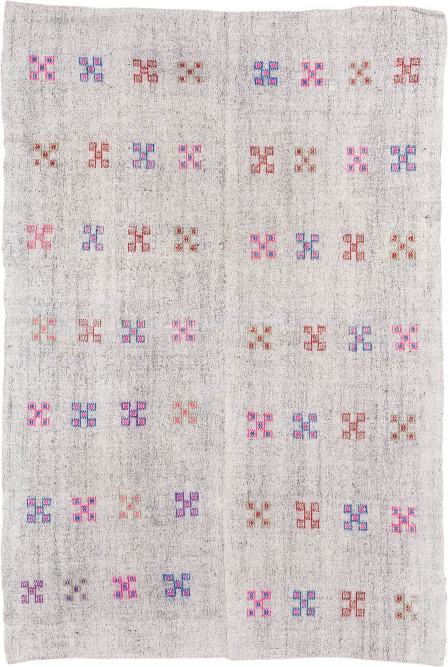 5' x 8' one-of-a-kind handmade antique Flatweave medium size rug. Color palette: ivory, pink, blue, rust, lavender, taupe