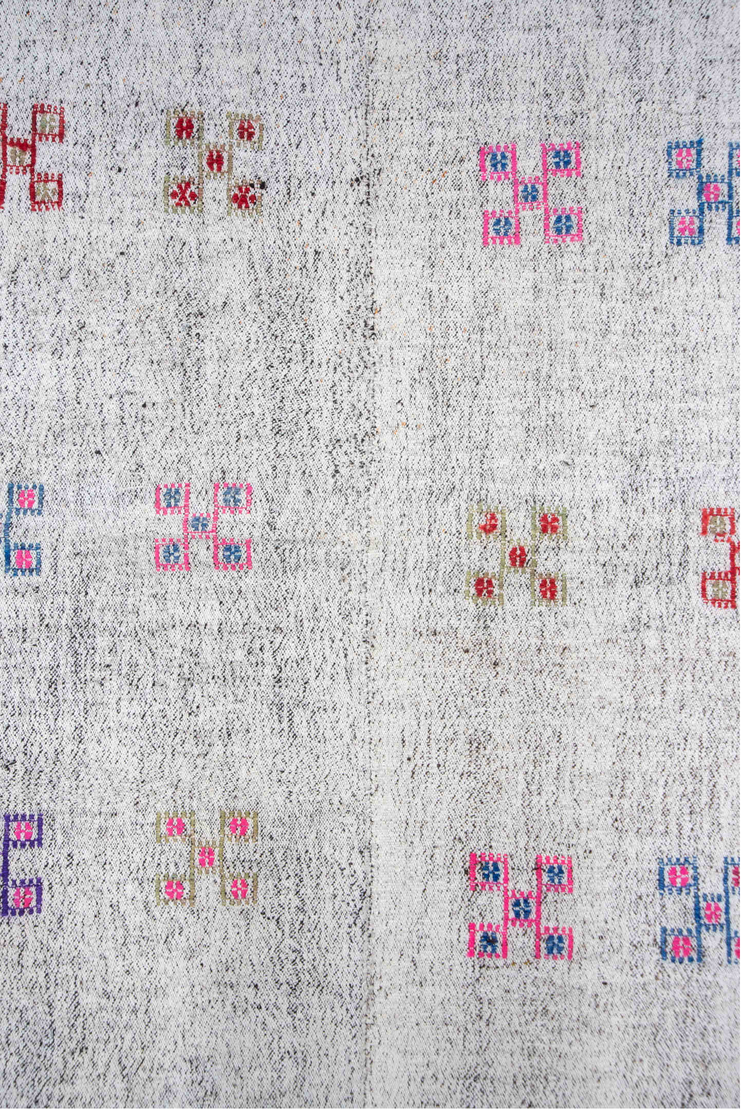5' x 8' one-of-a-kind handmade antique Flatweave medium size rug. Color palette: ivory, pink, blue, rust, lavender, taupe