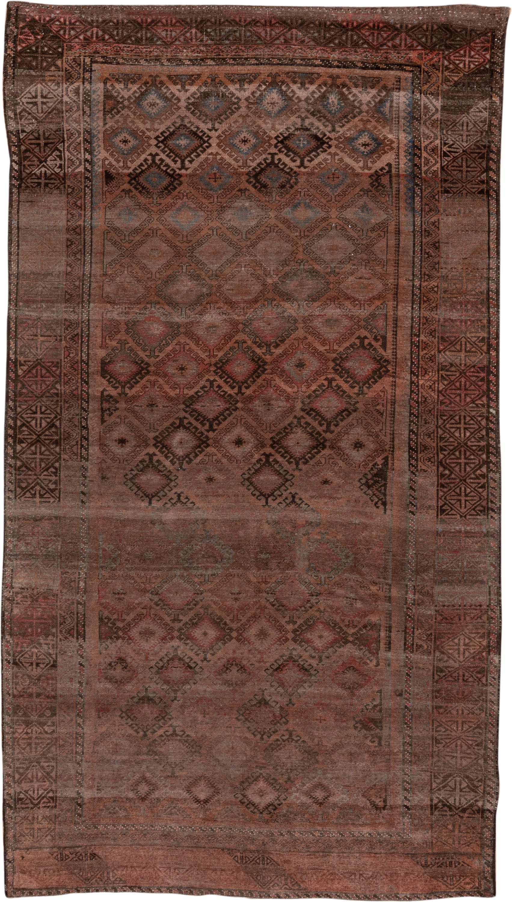 6' x 12' one-of-a-kind handmade antique Belouch large size rug. Color palette: rust, brown, charcoal, taupe, rose, slate