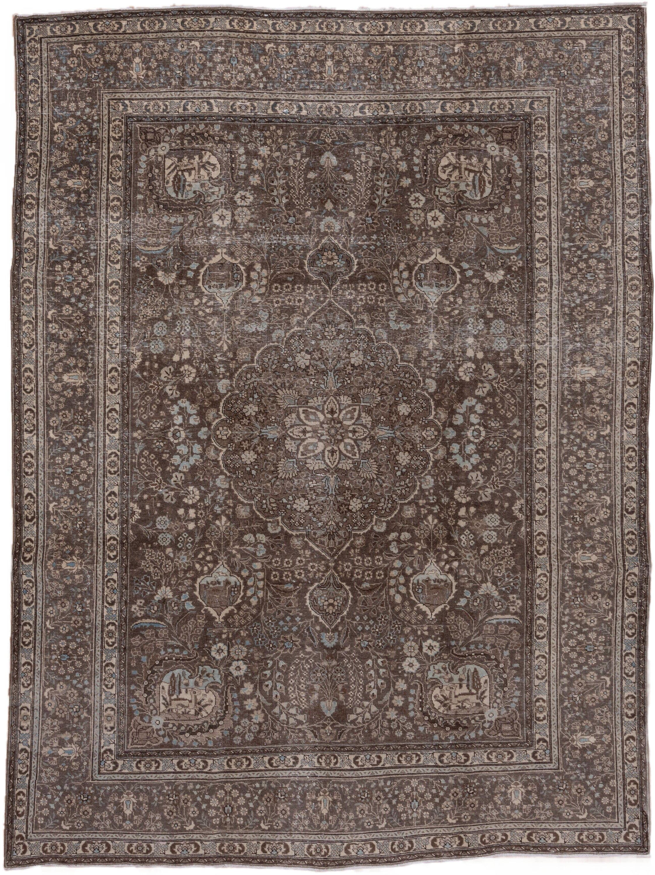 8' x 10' one-of-a-kind handmade antique Sivas large size rug. Color palette: brown, taupe, ivory, slate, pale blue, charcoal