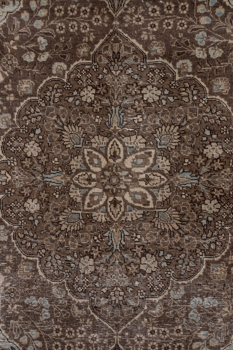 8' x 10' one-of-a-kind handmade antique Sivas large size rug. Color palette: brown, taupe, ivory, slate, pale blue, charcoal