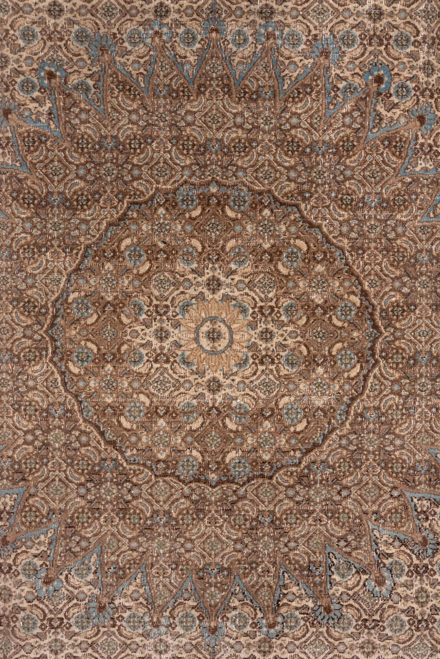 6' x 9' one-of-a-kind handmade antique Tabriz medium size rug. Color palette: taupe, camel, brown, ivory, pale_blue, beige