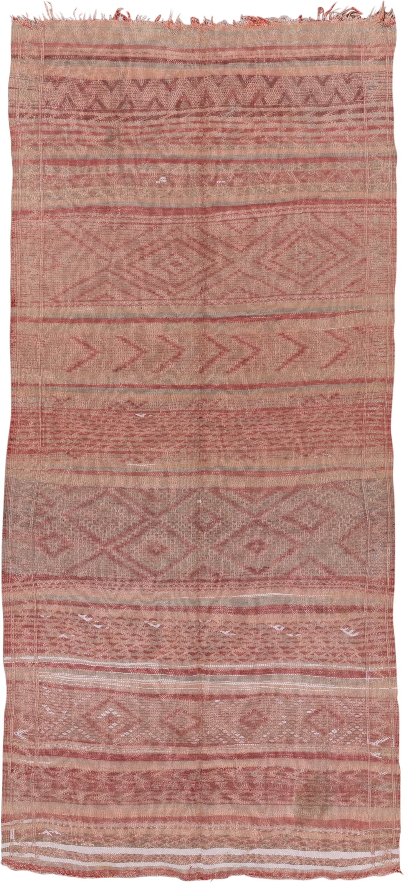 4' x 10' one-of-a-kind handmade vintage Moroccan runner rug. Color palette: blush, rose, dusty pink, taupe, ivory, sand
