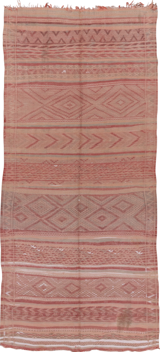 4' x 10' one-of-a-kind handmade vintage Moroccan runner rug. Color palette: brown, gray, light gray, off-white, pink, red