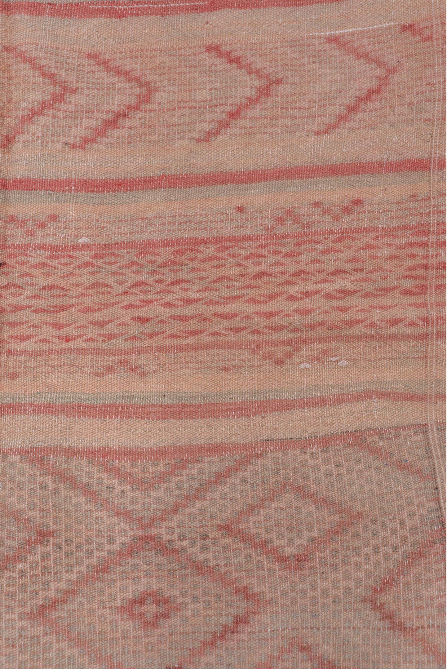 4' x 10' one-of-a-kind handmade vintage Moroccan runner rug. Color palette: blush, rose, dusty pink, taupe, ivory, sand