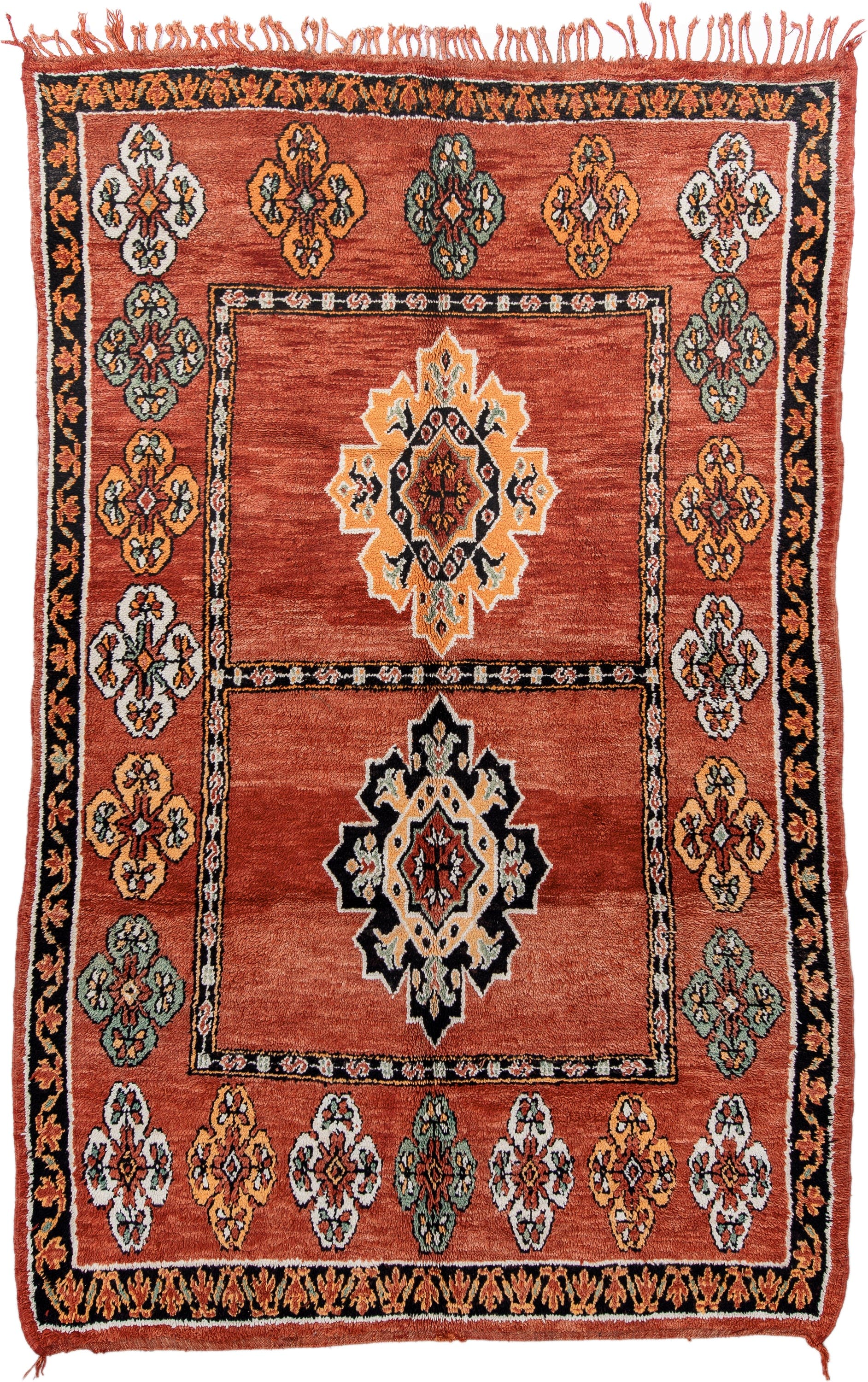6' x 9' one-of-a-kind handmade vintage Moroccan medium size rug. Color palette: terracotta, black, ivory, gold, sage, rust