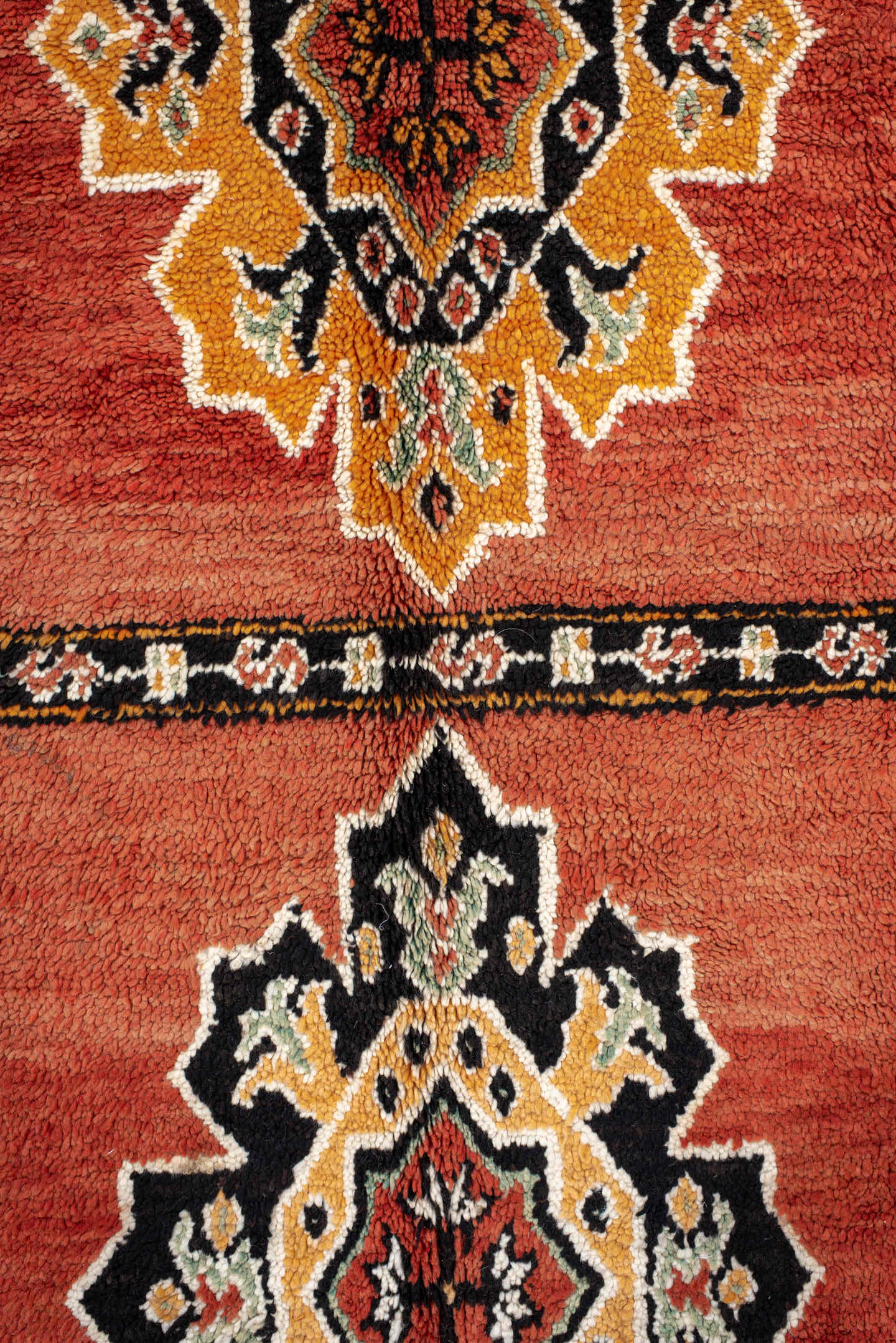 6' x 9' one-of-a-kind handmade vintage Moroccan medium size rug. Color palette: terracotta, black, ivory, gold, sage, rust