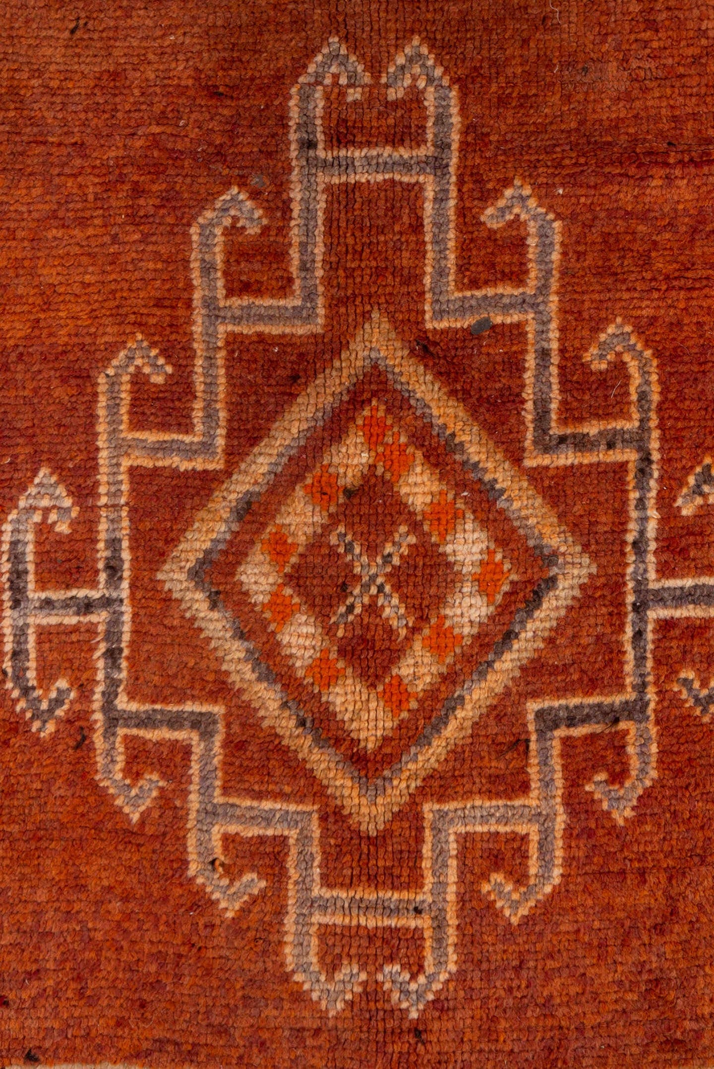 5' x 12' one-of-a-kind handmade vintage Moroccan rug. Color palette: rust, terra cotta, ivory, brown, camel, slate