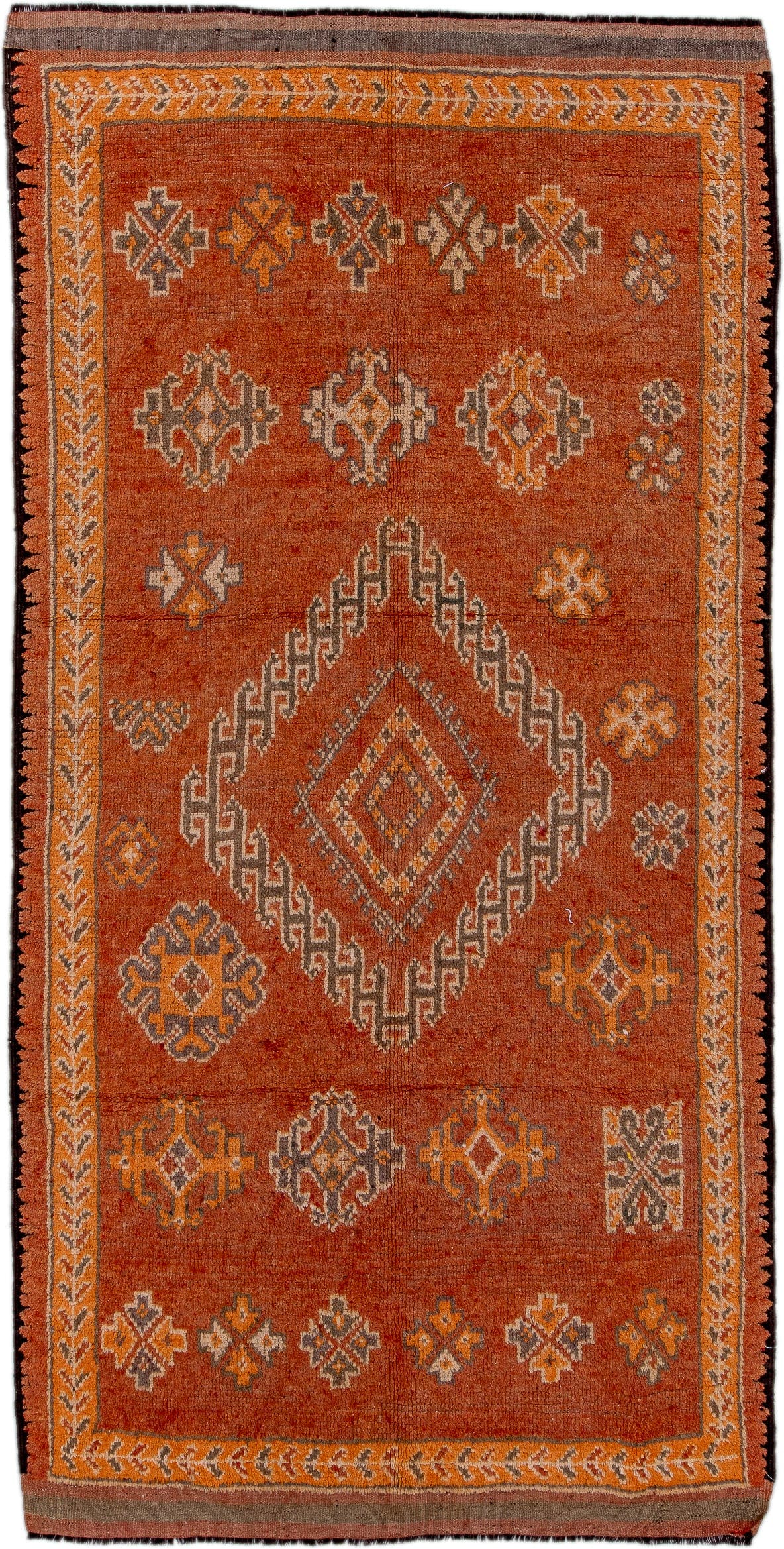 6' x 11' one-of-a-kind handmade vintage Moroccan large size rug. Color palette: rust, terra cotta, camel, ivory, charcoal