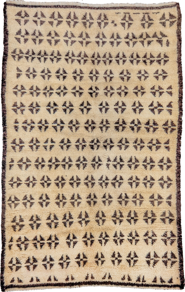 5' x 8' one-of-a-kind handmade vintage Moroccan medium size rug. Color palette: brown, gray, light gray, off-white, orange