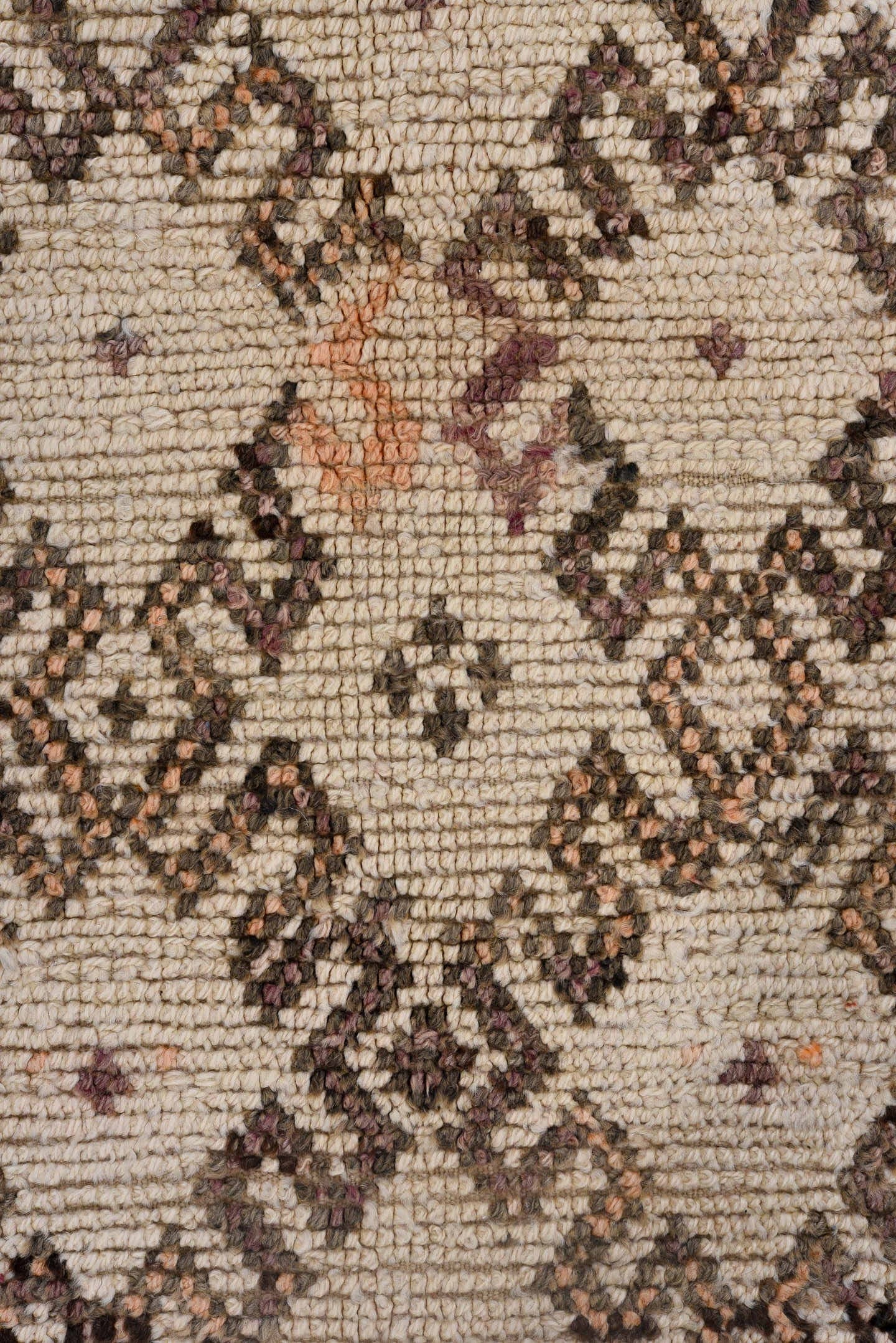 5' x 11' one-of-a-kind handmade vintage Moroccan rug. Color palette: ivory, brown, taupe, blush, peach, charcoal, beige