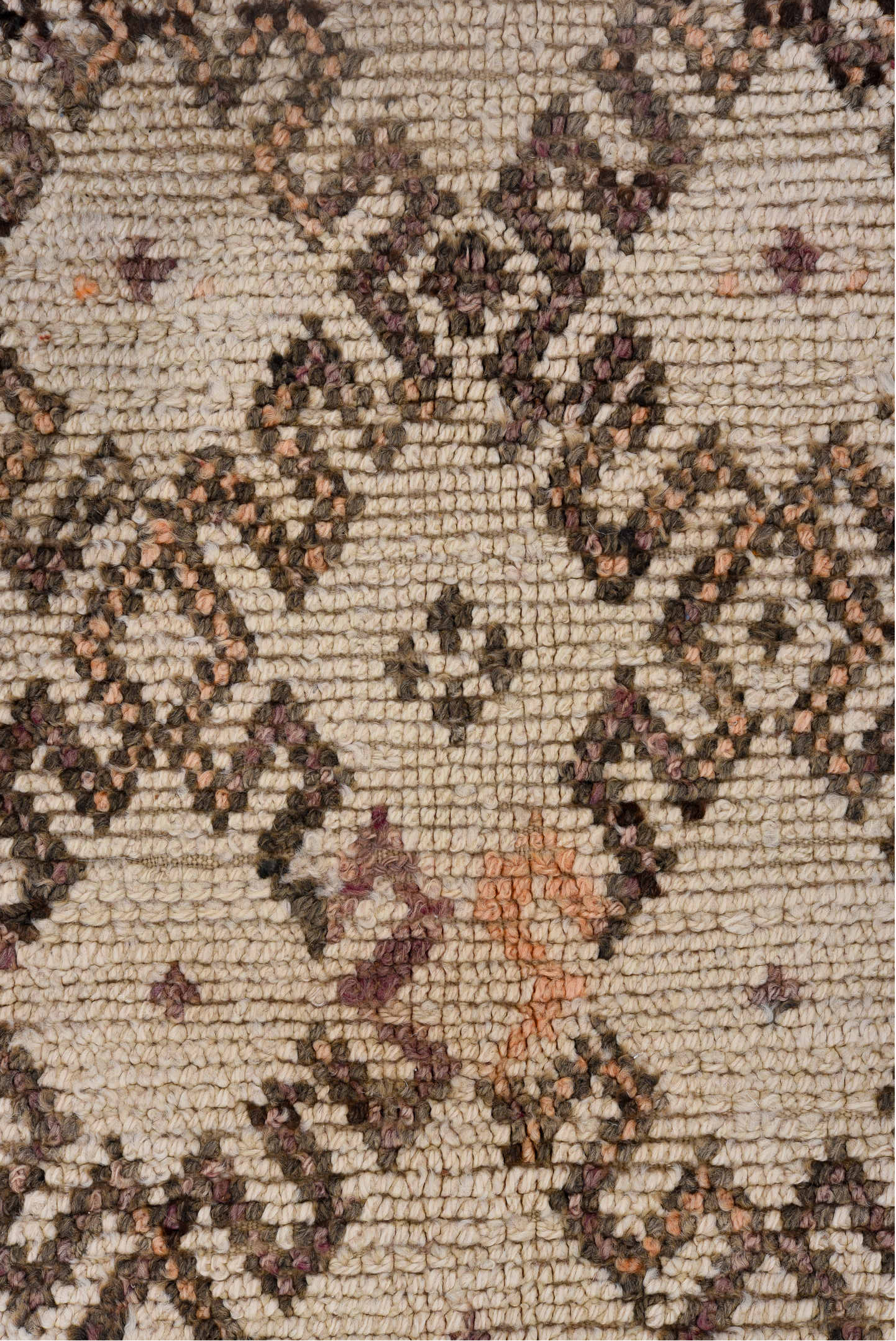 5' x 11' one-of-a-kind handmade vintage Moroccan rug. Color palette: black, brown, gray, light gray, off-white, pink, snow