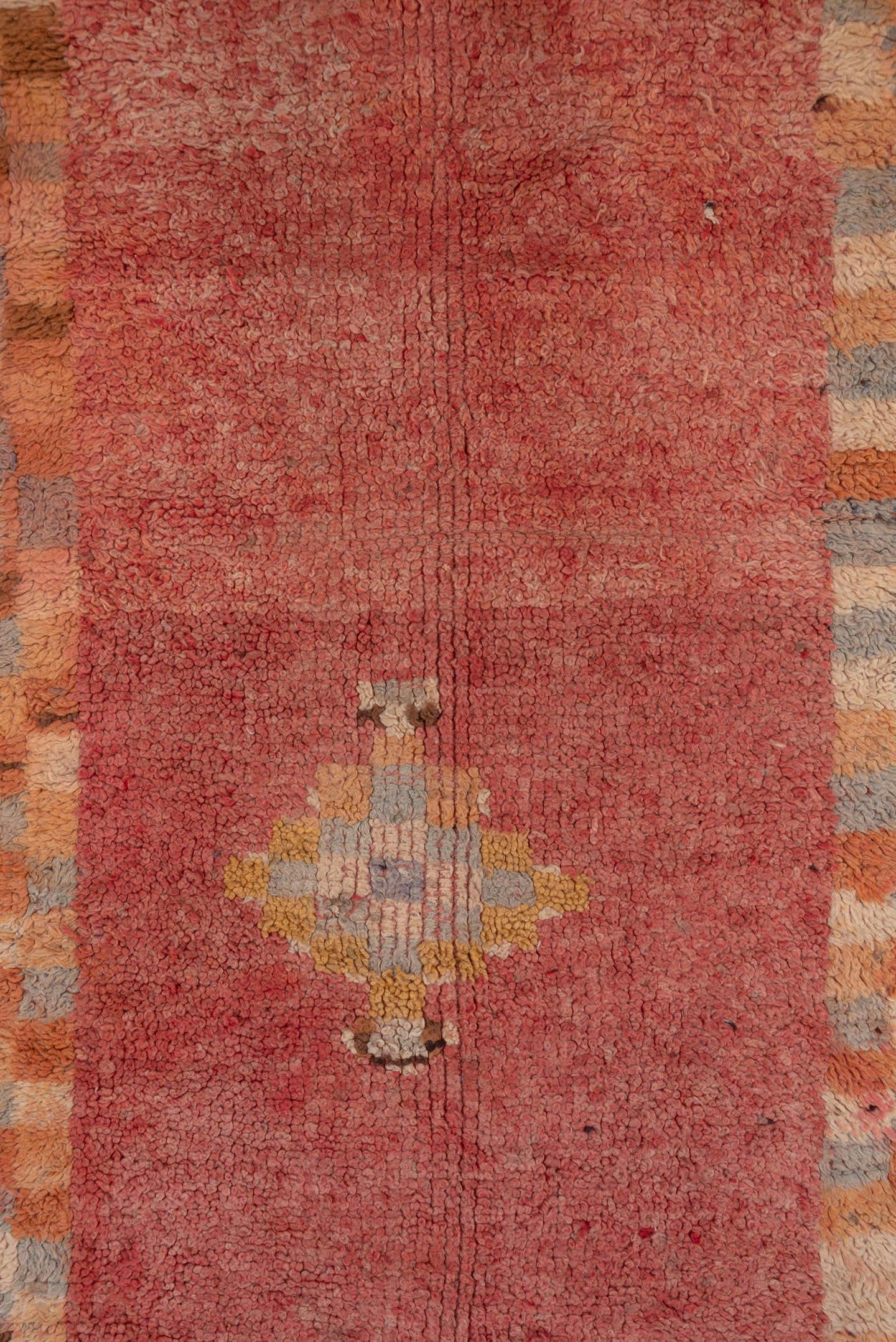 3' x 9' one-of-a-kind handmade vintage Moroccan runner rug. Color palette: rose, ivory, camel, slate, rust, brown, pink, red