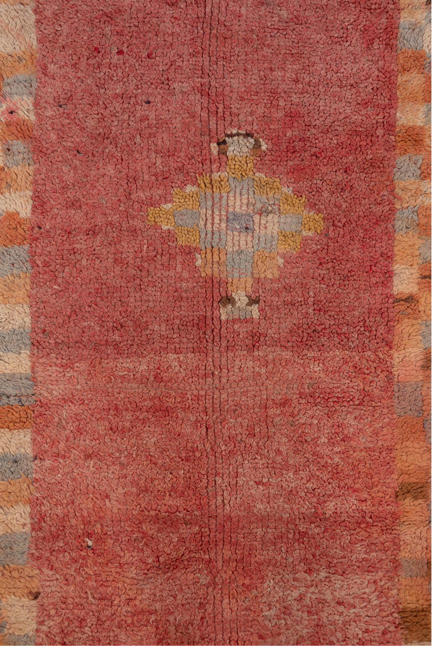3' x 9' one-of-a-kind handmade vintage Moroccan runner rug. Color palette: rose, ivory, camel, slate, rust, brown, pink, red