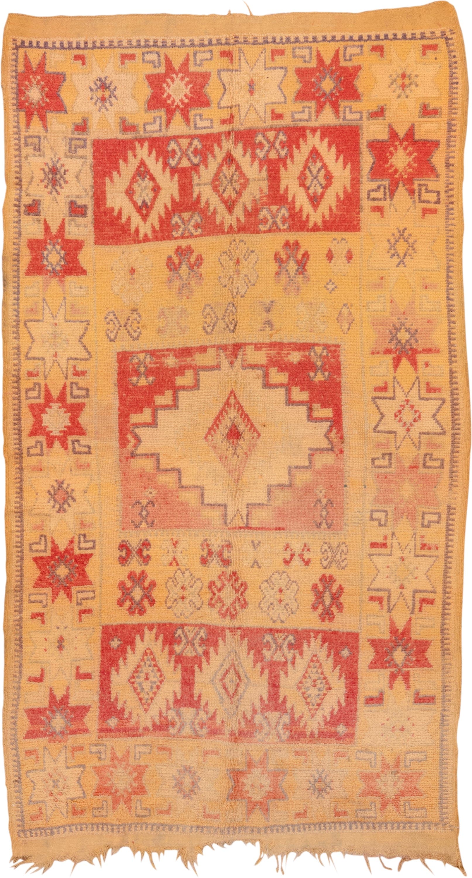 5' x 9' one-of-a-kind handmade vintage Moroccan medium size rug. Color palette: camel, rust, ivory, gold, slate, terra cotta