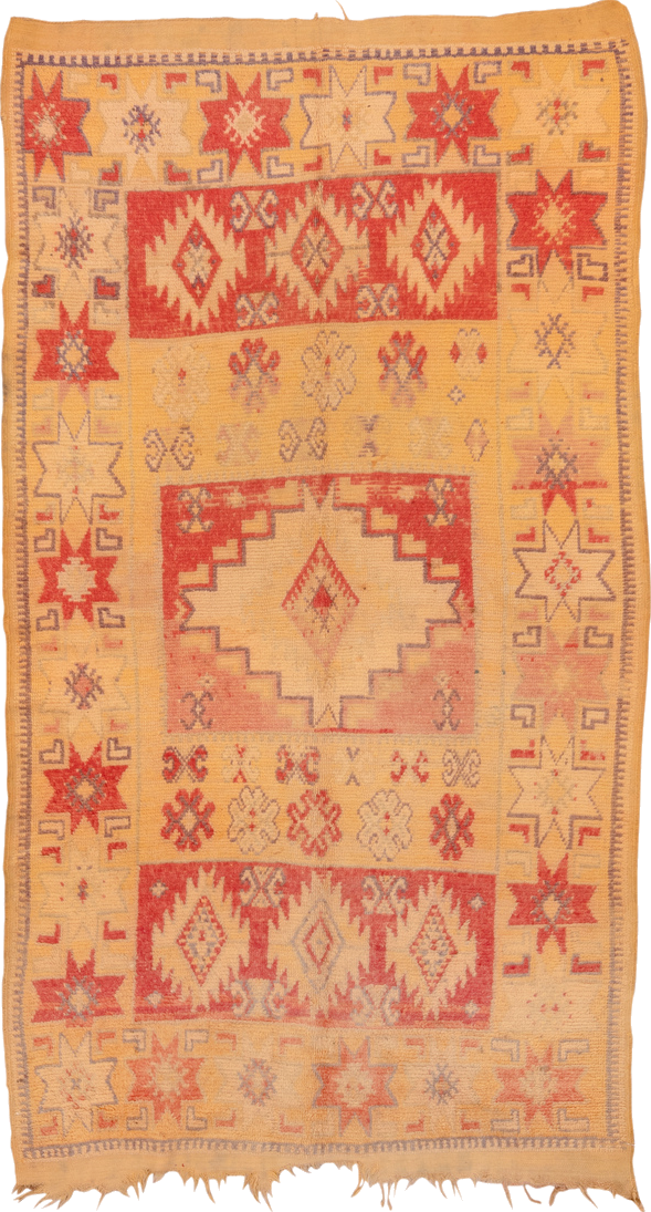 5' x 9' one-of-a-kind handmade vintage Moroccan medium size rug. Color palette: brown, off-white, orange, pink, red