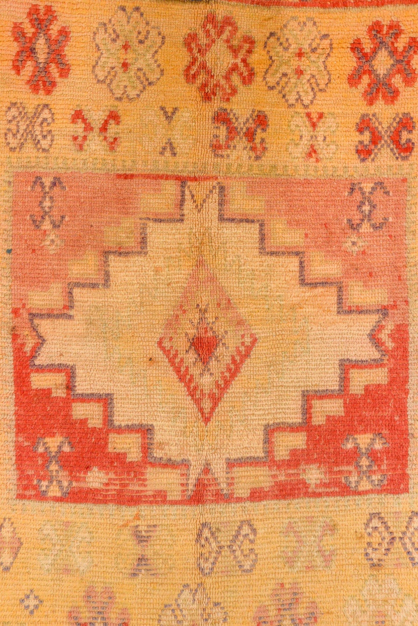 5' x 9' one-of-a-kind handmade vintage Moroccan medium size rug. Color palette: camel, rust, ivory, gold, slate, terra cotta