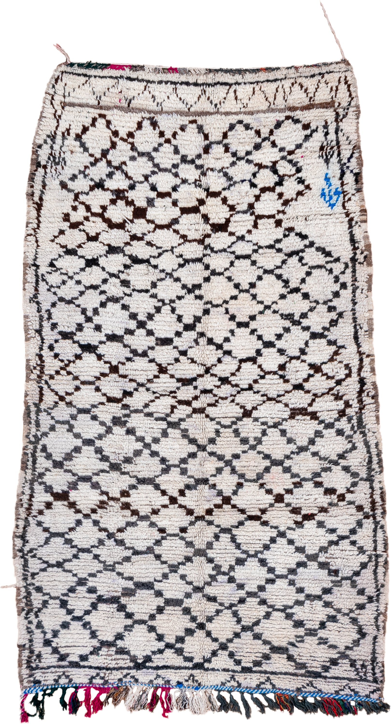 3' x 7' one-of-a-kind handmade vintage Moroccan runner rug. Color palette: ivory, charcoal, brown, blue, magenta, gray