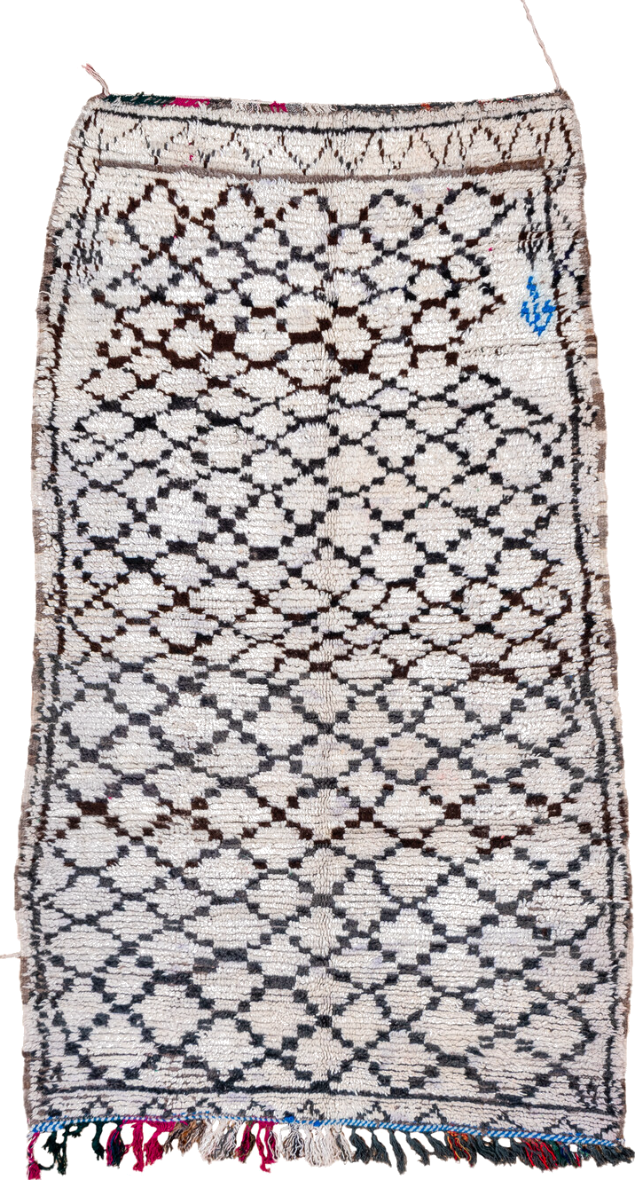 3' x 7' one-of-a-kind handmade vintage Moroccan runner rug. Color palette: black, blue, charcoal, dark gray, gainsboro, gray