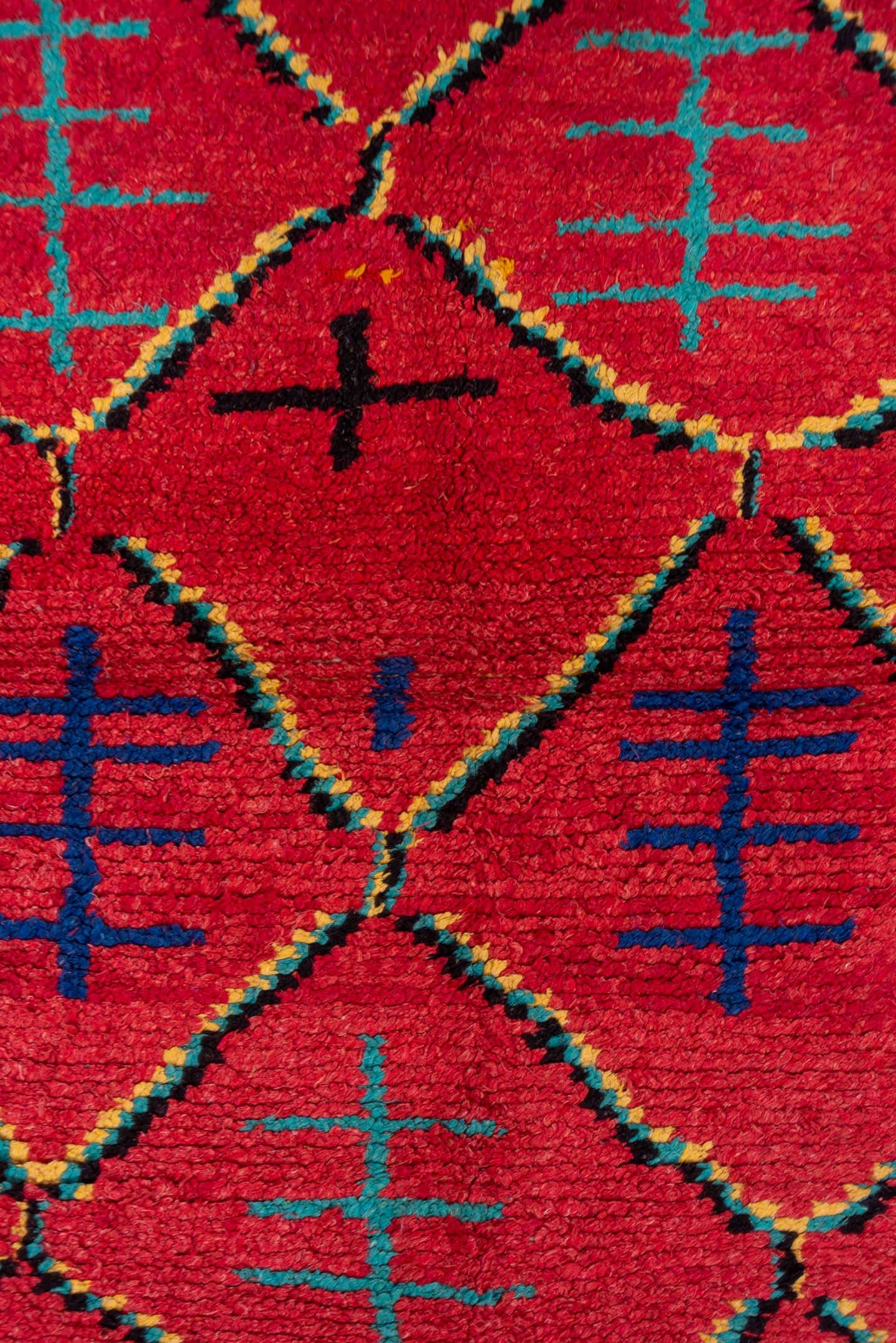 3' x 6' one-of-a-kind handmade vintage Moroccan small size rug. Color palette: coral, turquoise, cobalt, black, ivory, rose