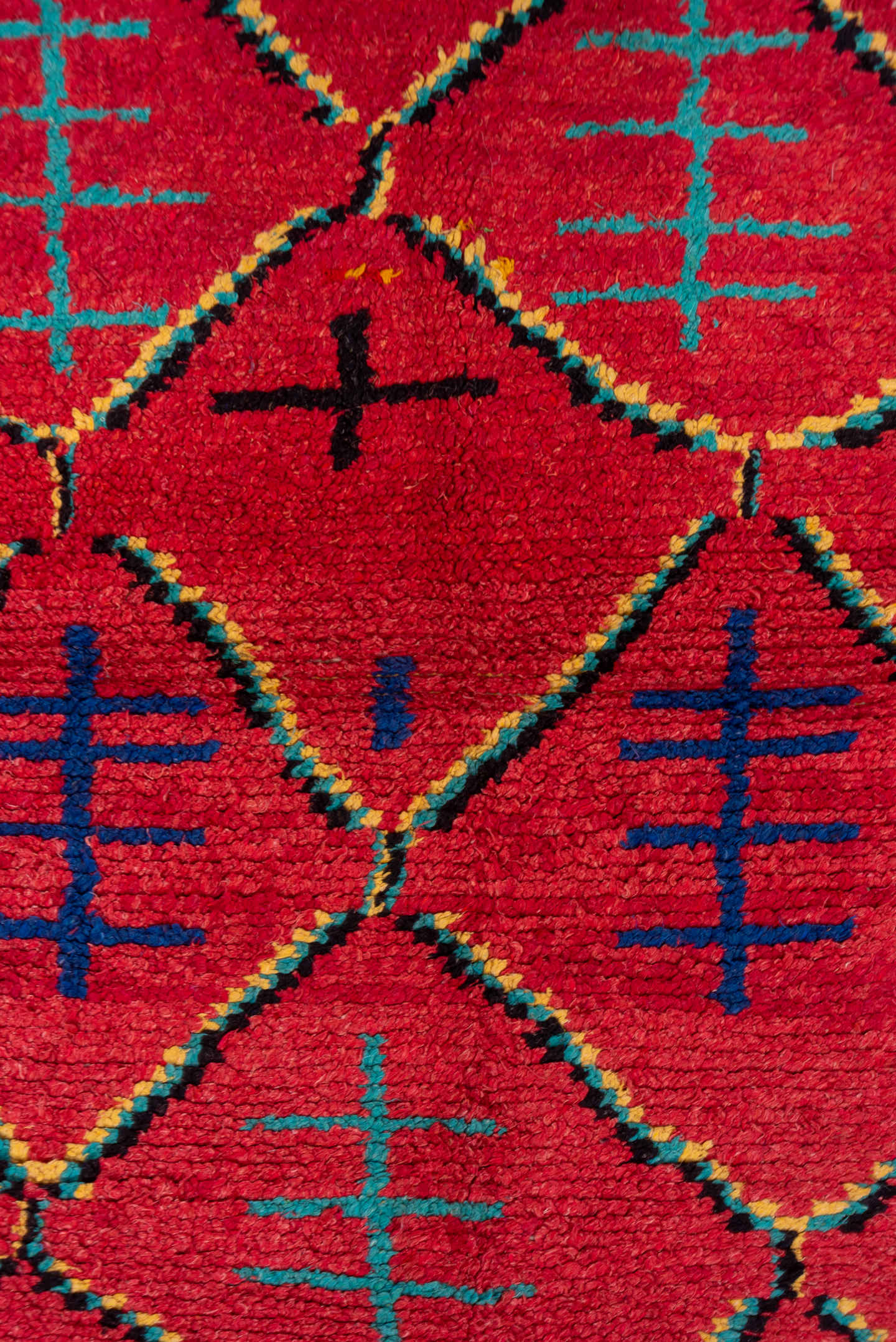 3' x 6' one-of-a-kind handmade vintage Moroccan small size rug. Color palette: coral, turquoise, cobalt, black, ivory, rose