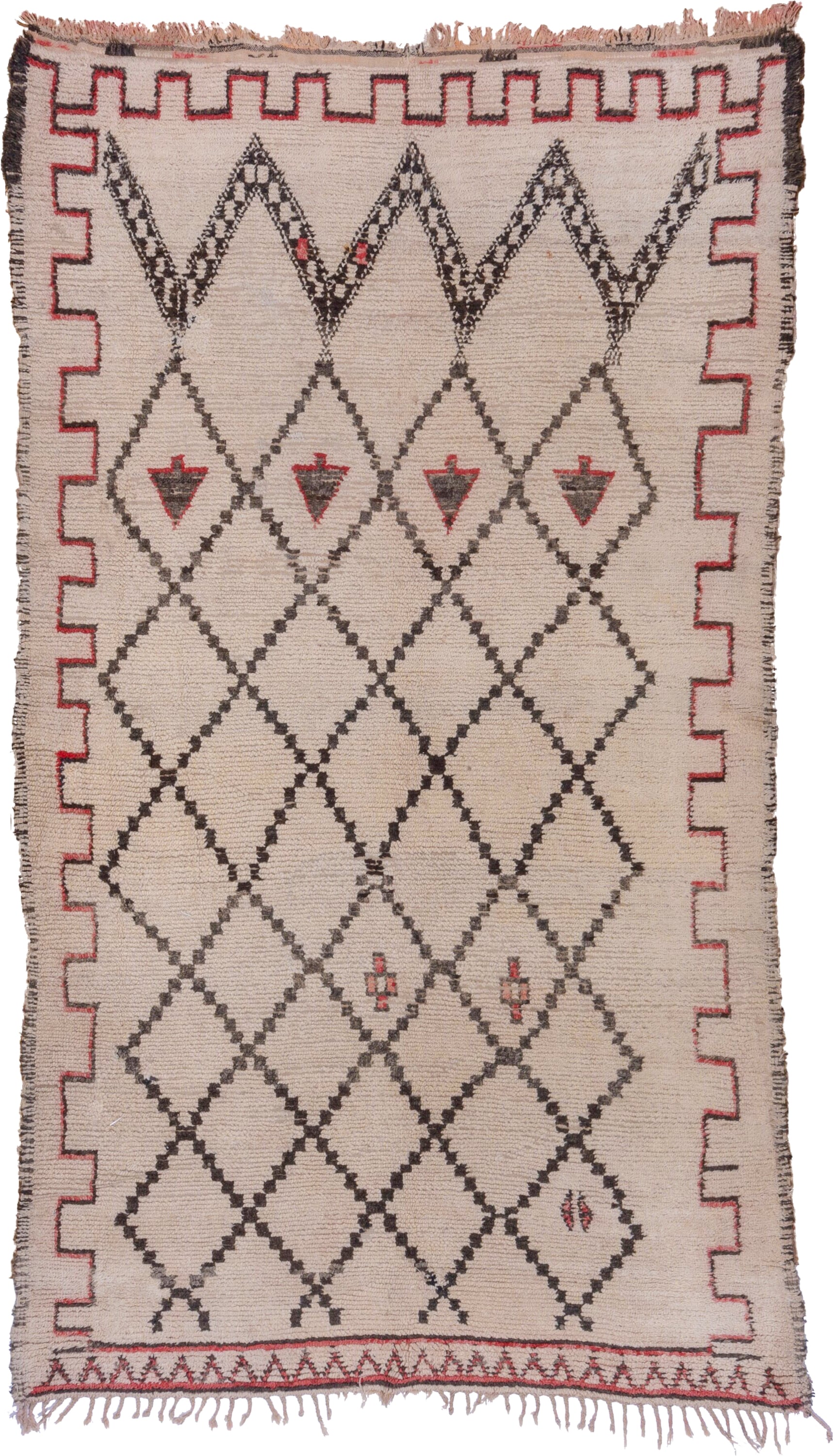 6' x 11' one-of-a-kind handmade vintage Moroccan large size rug. Color palette: ivory, charcoal, red, rose, taupe, gray