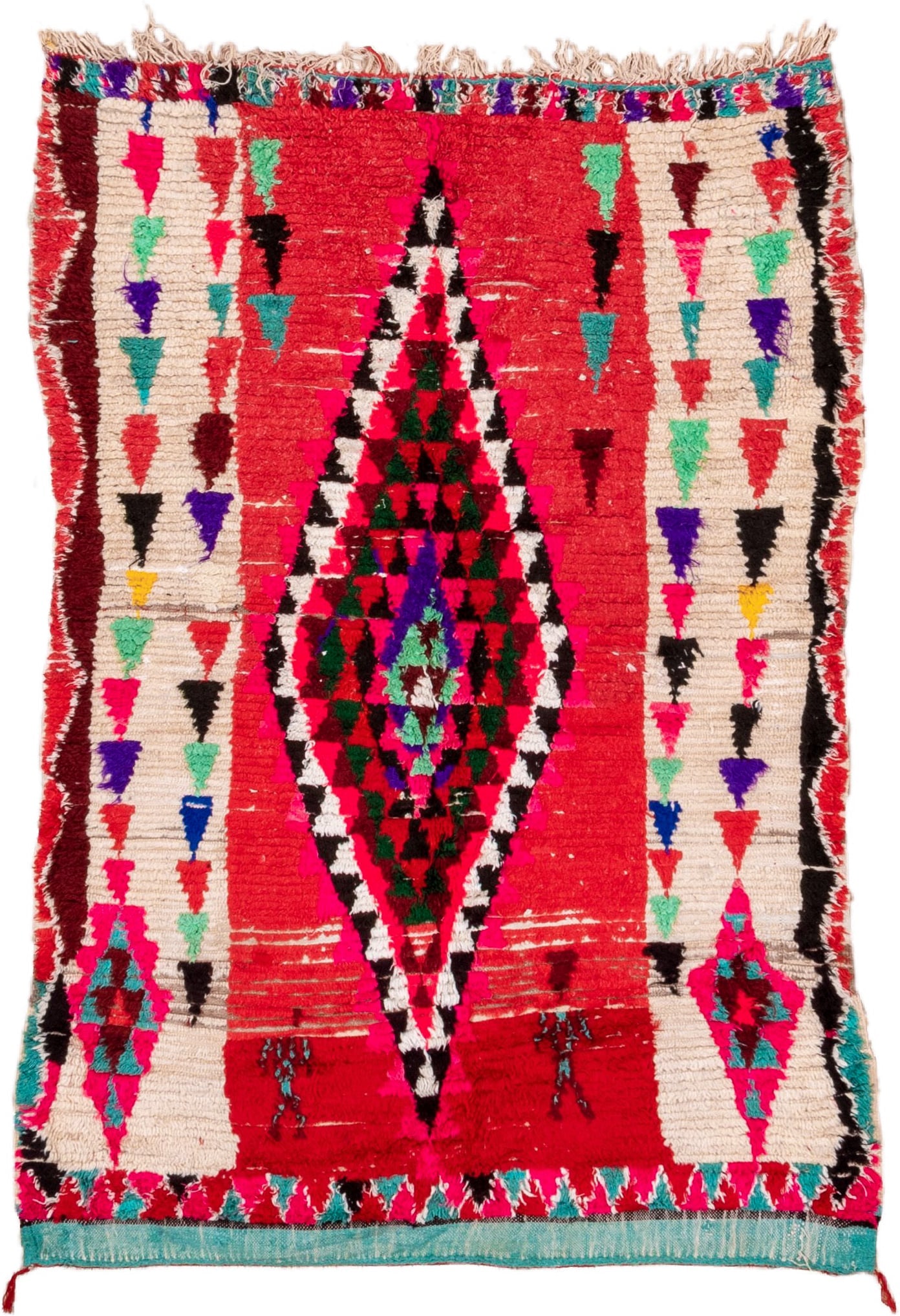 4' x 5' one-of-a-kind handmade vintage Moroccan small size rug. Color palette: red, ivory, black, fuchsia, turquoise