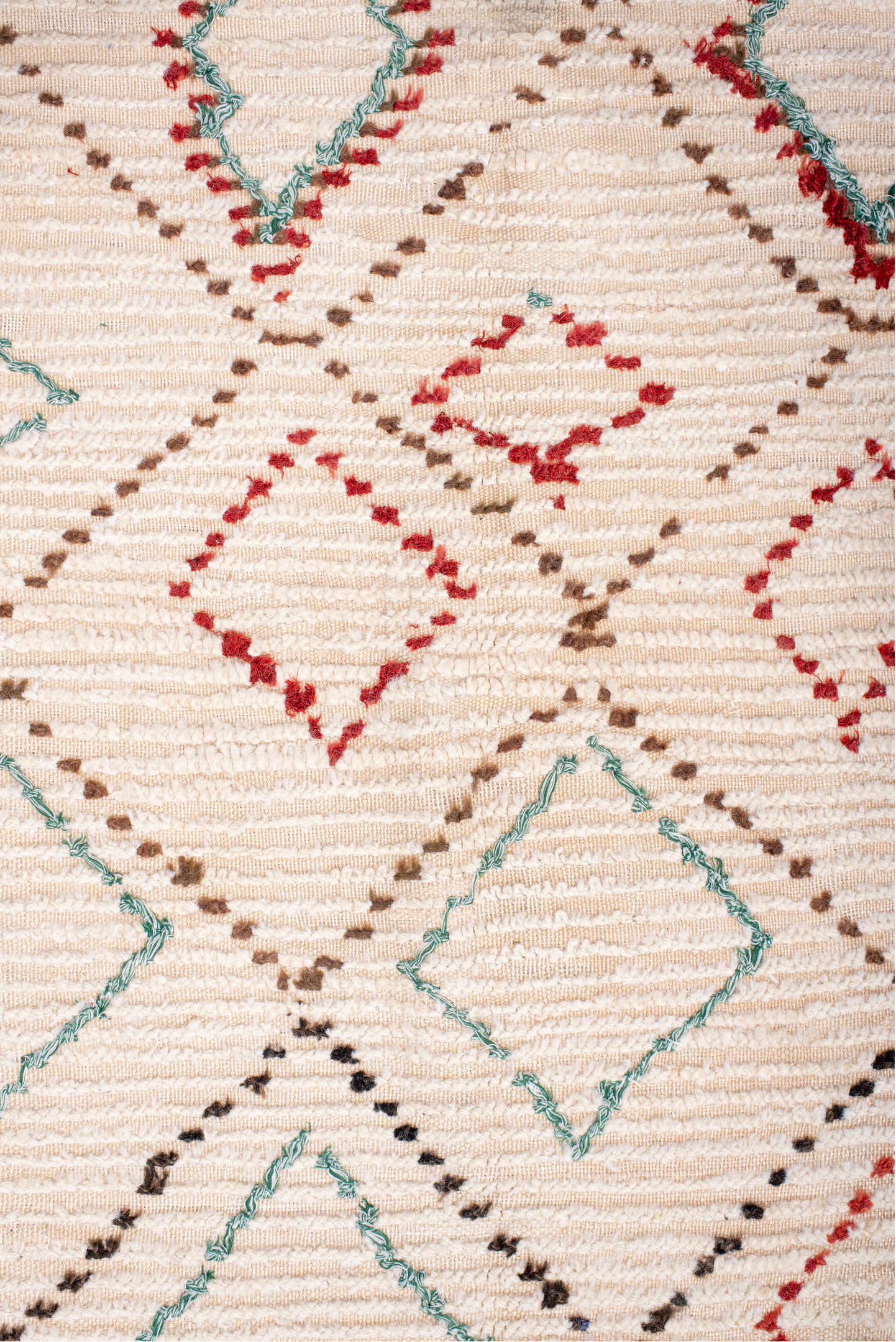 5' x 10' one-of-a-kind handmade vintage Moroccan medium size rug. Color palette: ivory, brown, red, aqua, cream, teal