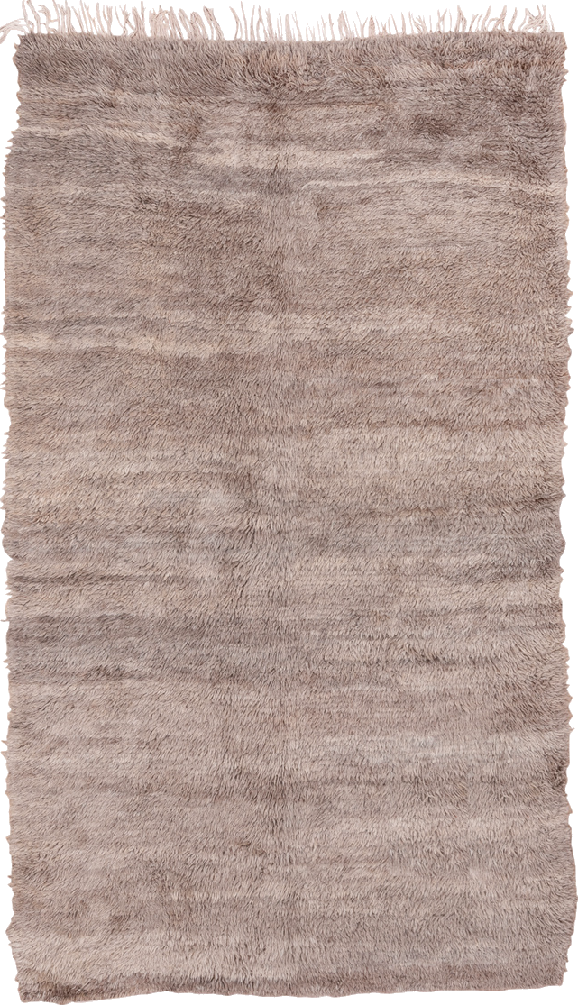 5' x 9' one-of-a-kind handmade vintage Moroccan medium size rug. Color palette: brown, gray, light gray, off-white, pink