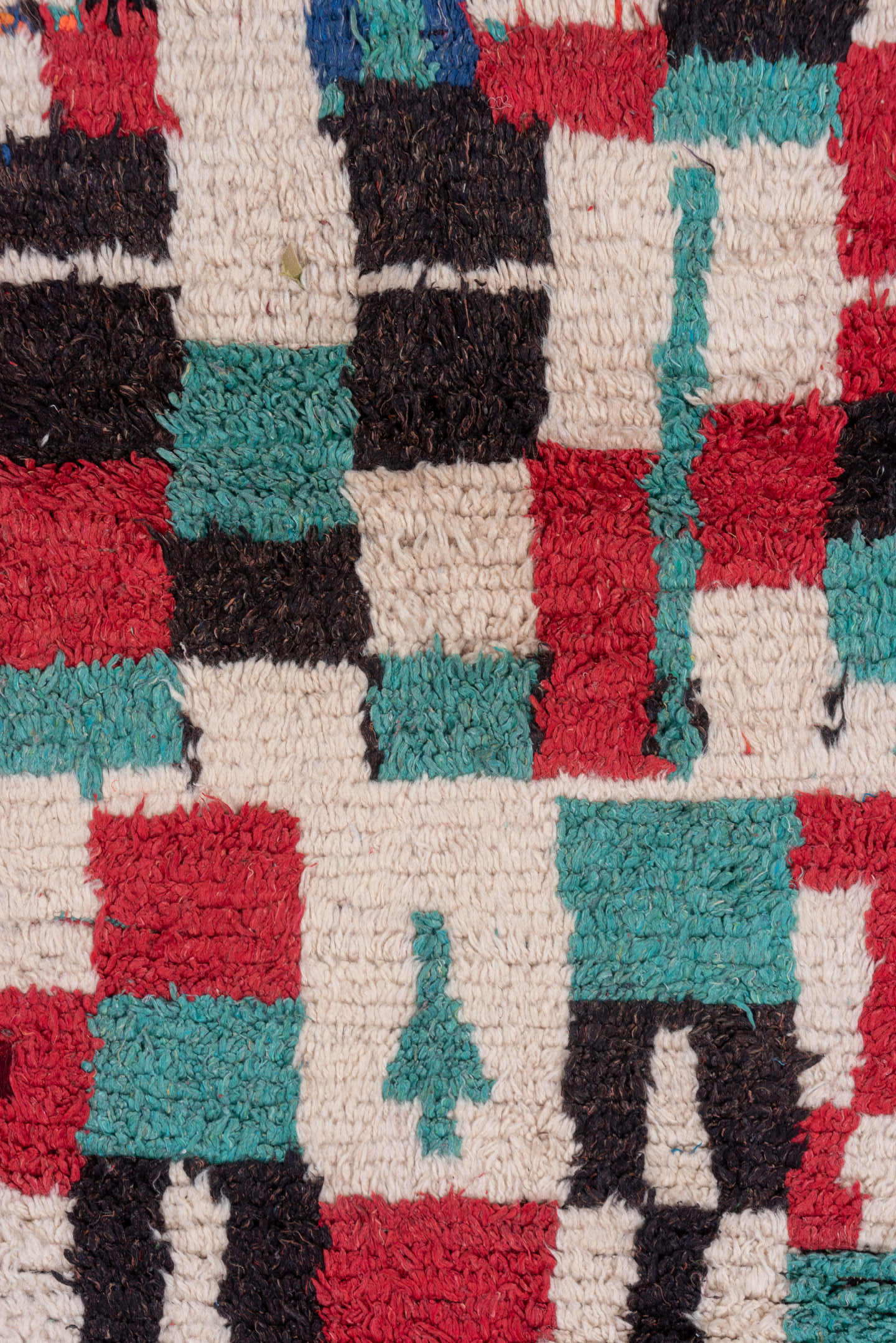 4' x 6' one-of-a-kind handmade vintage Moroccan small size rug. Color palette: ivory, turquoise, crimson, charcoal, rose