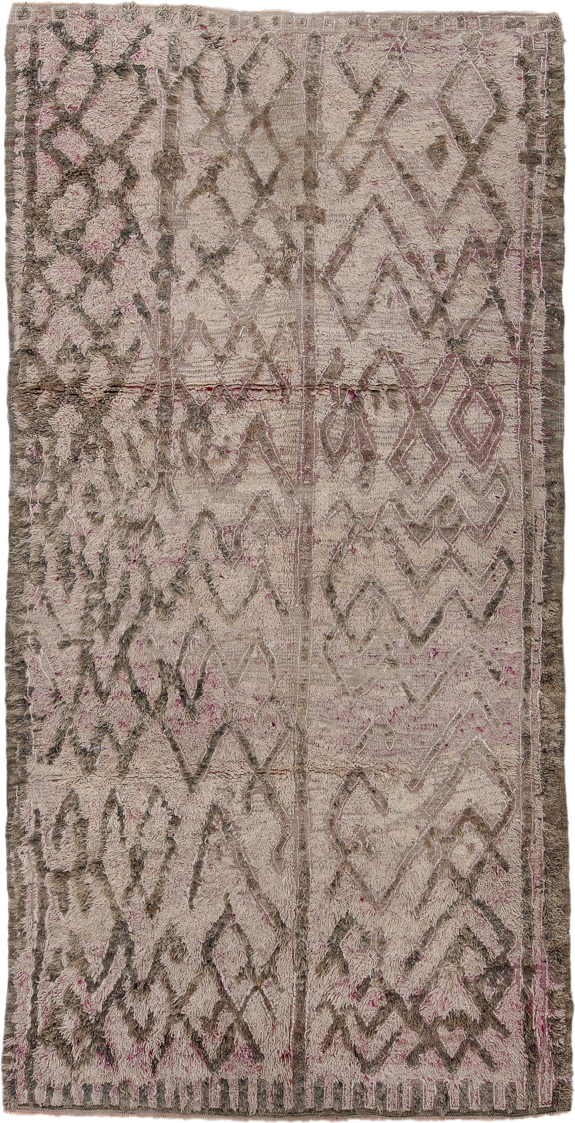5' x 10' one-of-a-kind handmade vintage Moroccan medium size rug. Color palette: ivory, taupe, brown, blush, mauve, beige