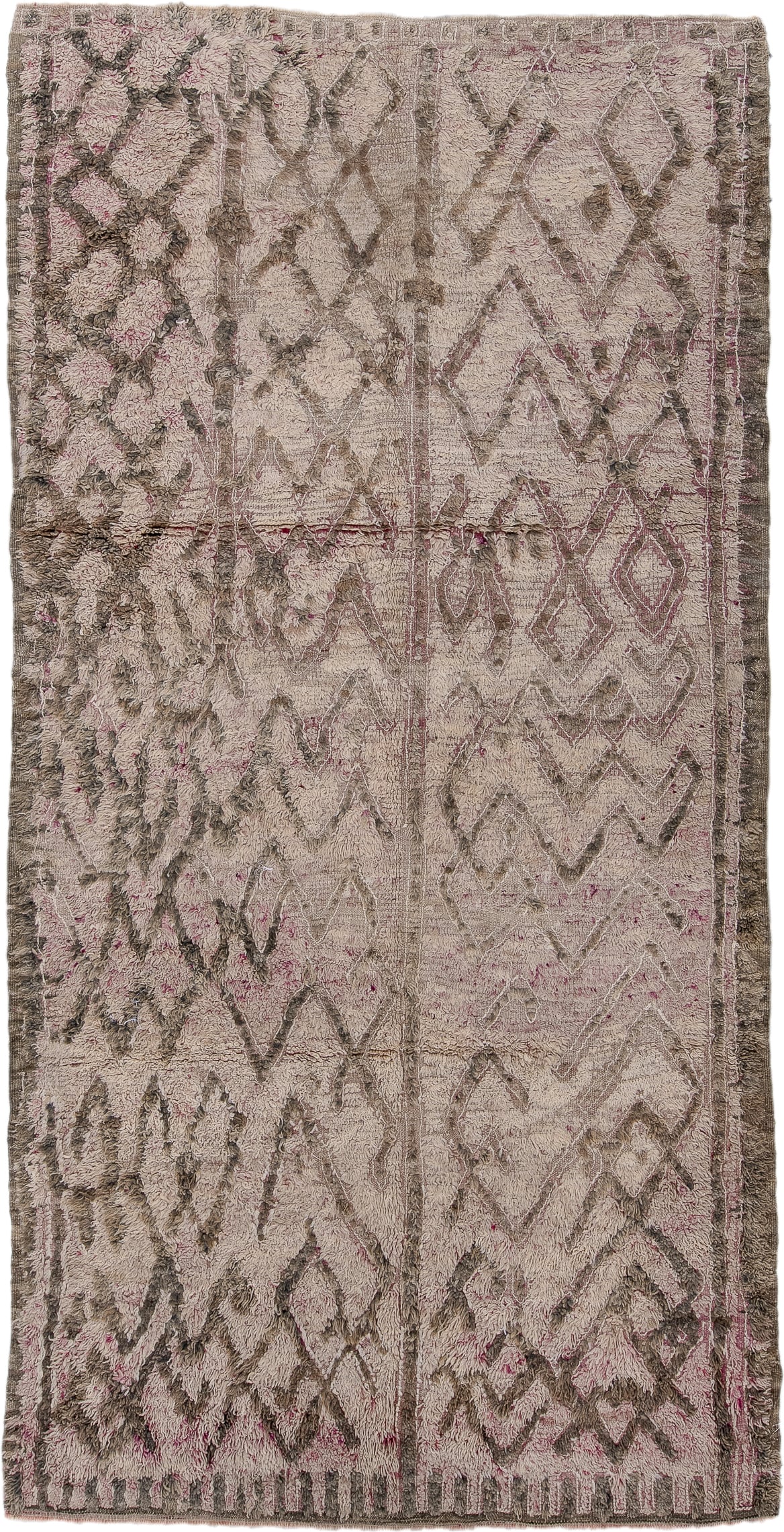 5' x 10' one-of-a-kind handmade vintage Moroccan medium size rug. Color palette: ivory, taupe, brown, blush, mauve, beige