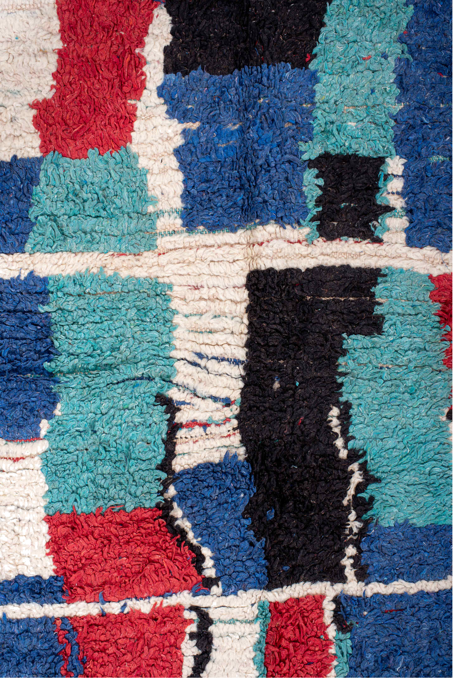4' x 6' one-of-a-kind handmade vintage Moroccan small size rug. Color palette: blue, brown, crimson, gainsboro, gray, green