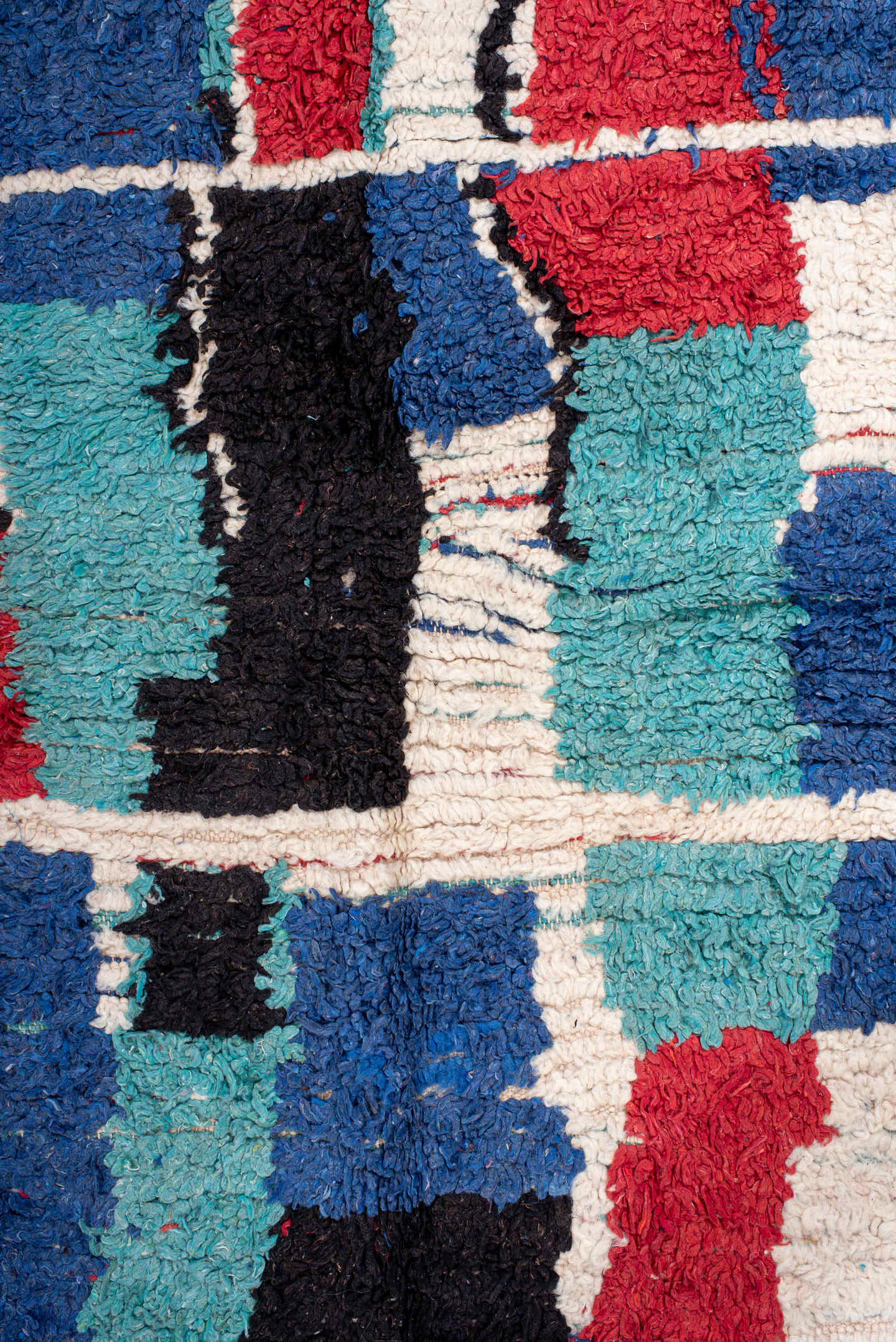 4' x 6' one-of-a-kind handmade vintage Moroccan small size rug. Color palette: ivory, cobalt, red, turquoise, black, blue