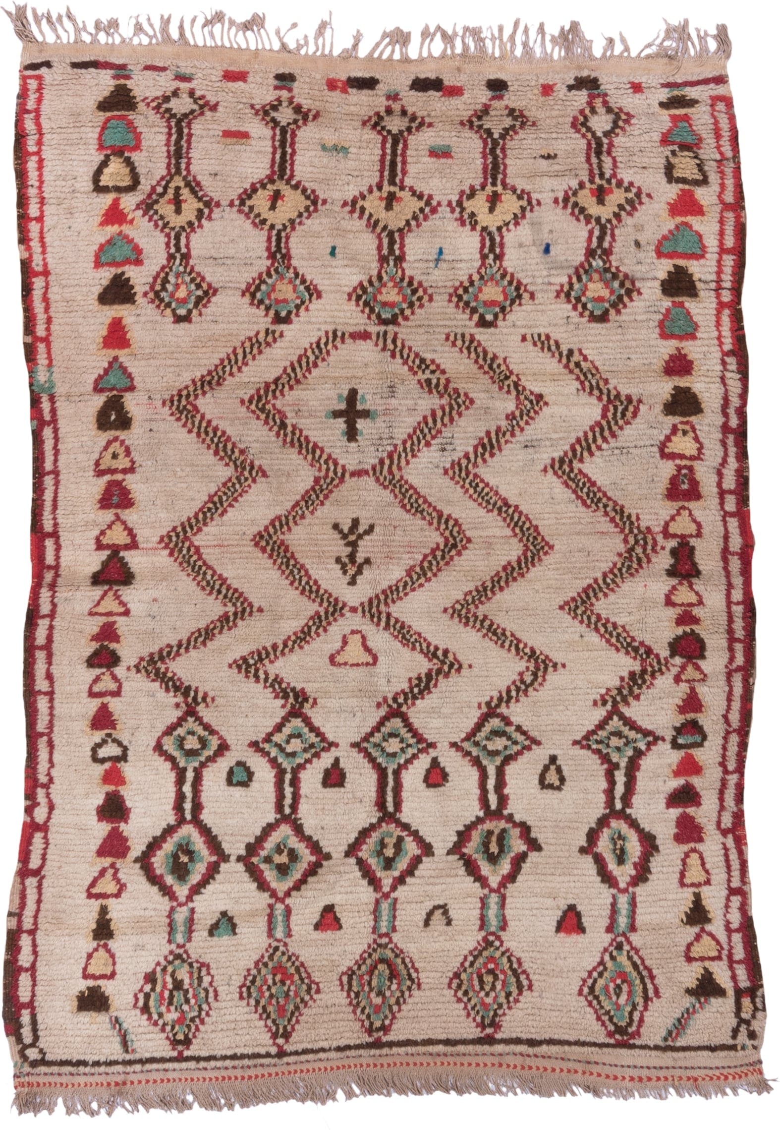 4' x 6' one-of-a-kind handmade vintage Moroccan small size rug. Color palette: ivory, crimson, brown, turquoise, rose, camel