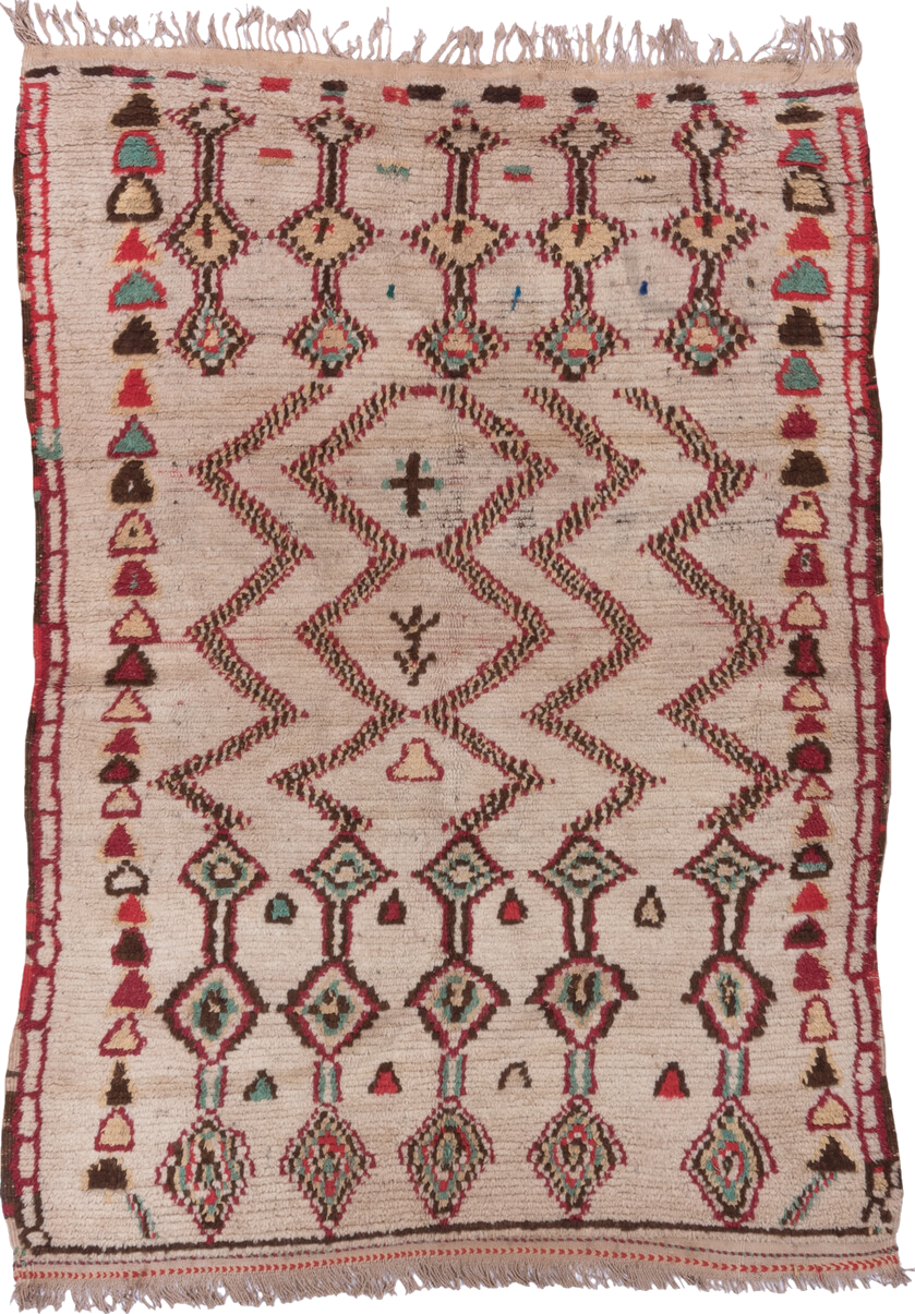 4' x 6' one-of-a-kind handmade vintage Moroccan small size rug. Color palette: brown, gray, light gray, off-white, pink, red