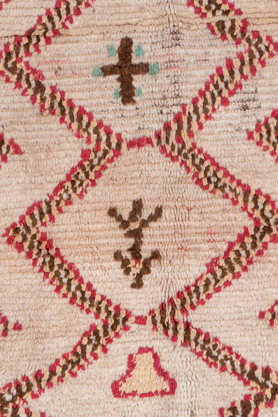 4' x 6' one-of-a-kind handmade vintage Moroccan small size rug. Color palette: ivory, crimson, brown, turquoise, rose, camel