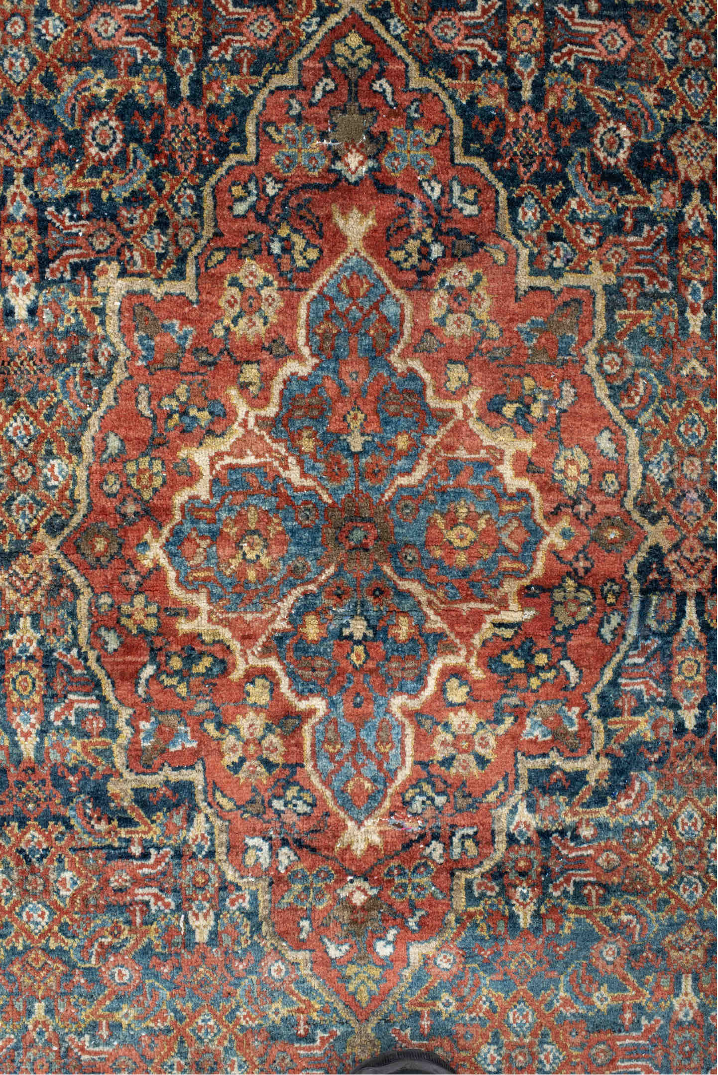 4' x 6' one-of-a-kind handmade antique Sarouk small size rug. Color palette: rust, navy, sky_blue, ivory, olive, coral