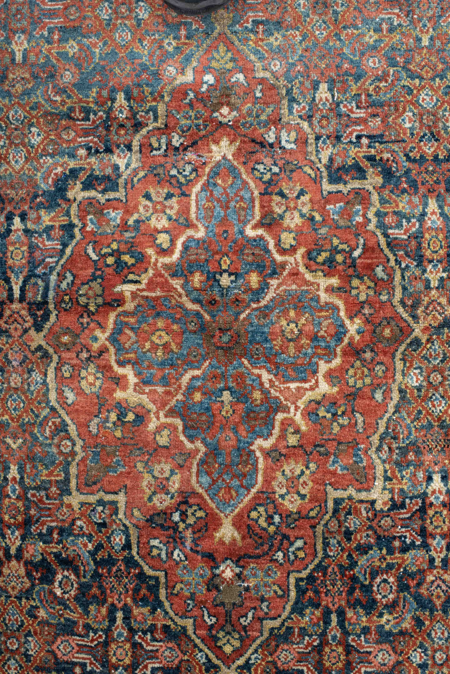 4' x 6' one-of-a-kind handmade antique Sarouk small size rug. Color palette: rust, navy, sky_blue, ivory, olive, coral