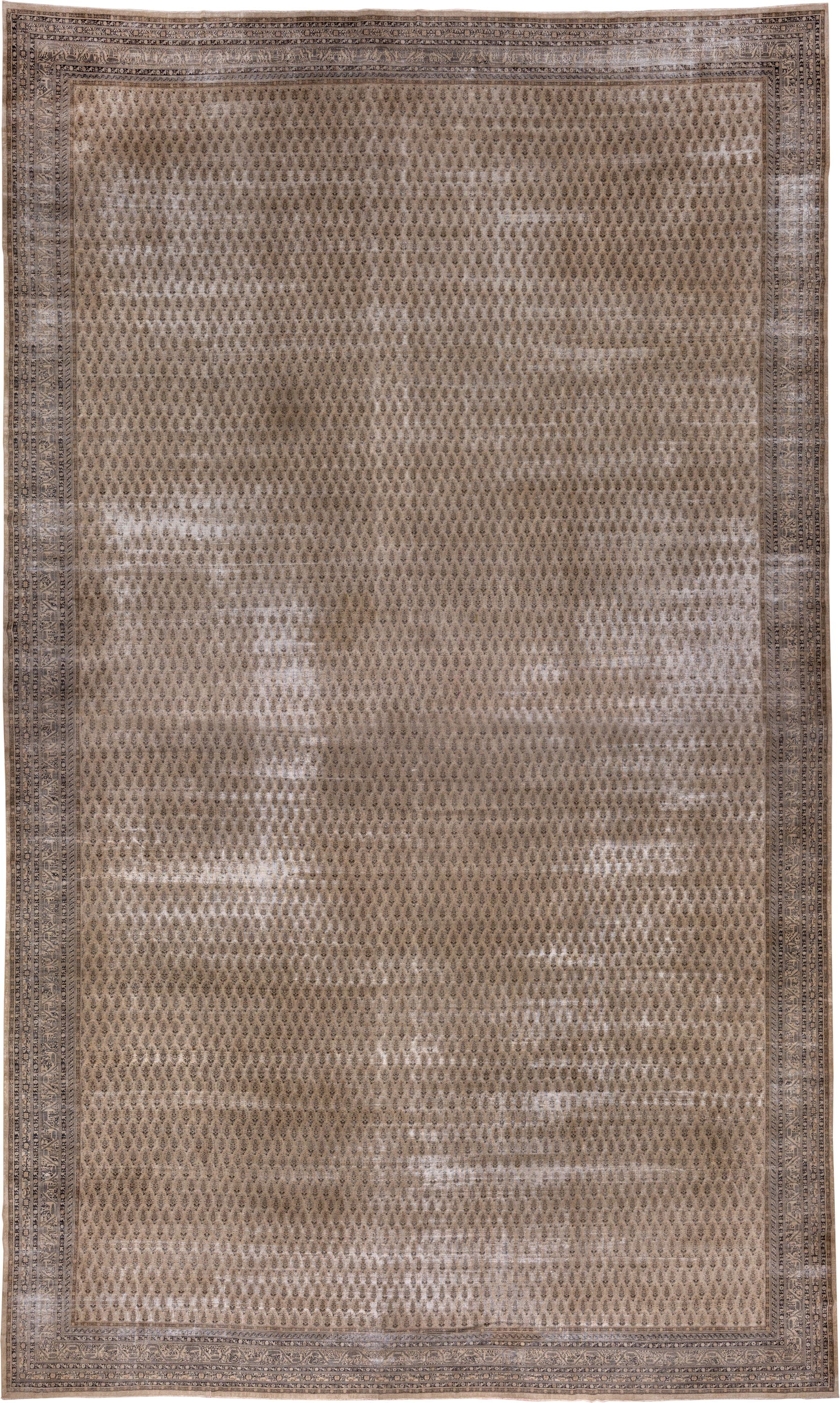 18' x 30' one-of-a-kind handmade vintage Saraband oversize rug. Color palette: taupe, brown, ivory, charcoal, beige, gray