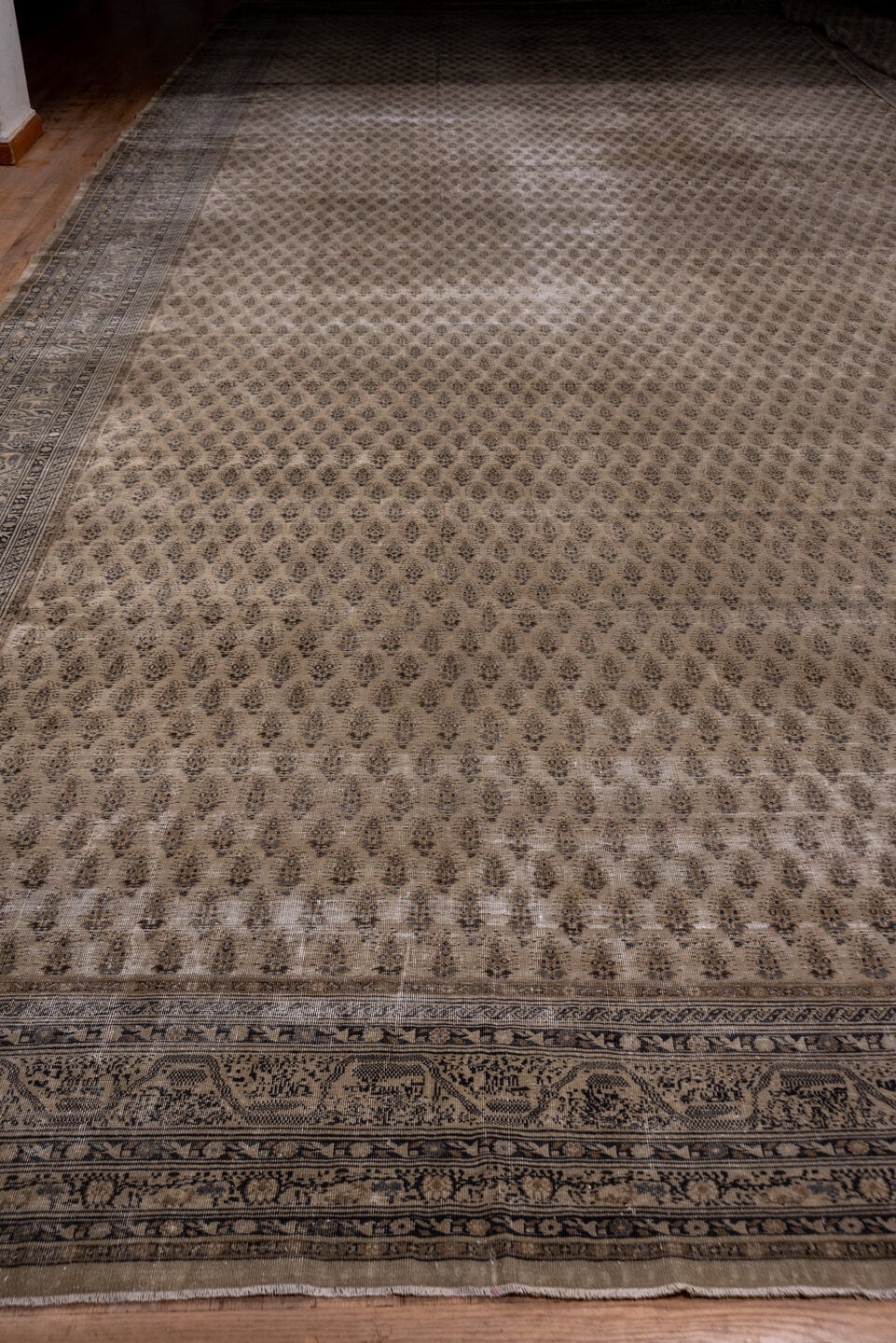 18' x 30' one-of-a-kind handmade vintage Saraband oversize rug. Color palette: taupe, brown, ivory, charcoal, beige, gray