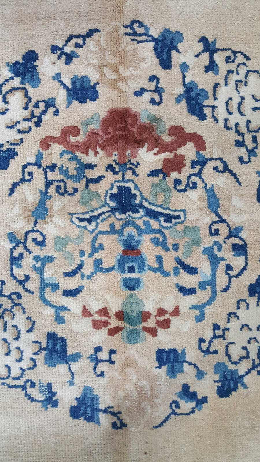 6' x 9' one-of-a-kind handmade antique Chinese medium size rug. Color palette: ivory, blue, cream, rust, beige, terracotta