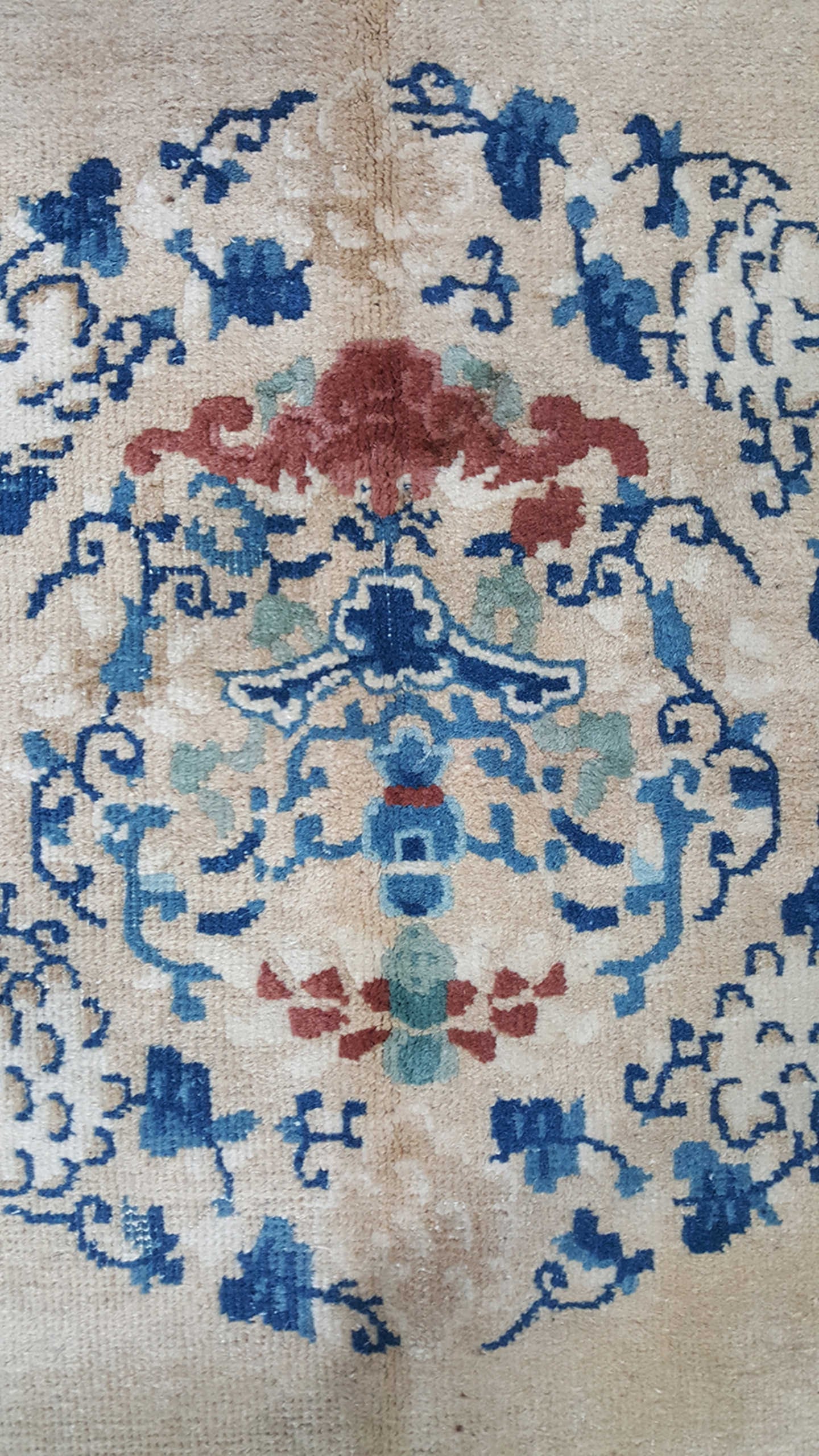 6' x 9' one-of-a-kind handmade antique Chinese medium size rug. Color palette: ivory, blue, cream, rust, beige, terracotta