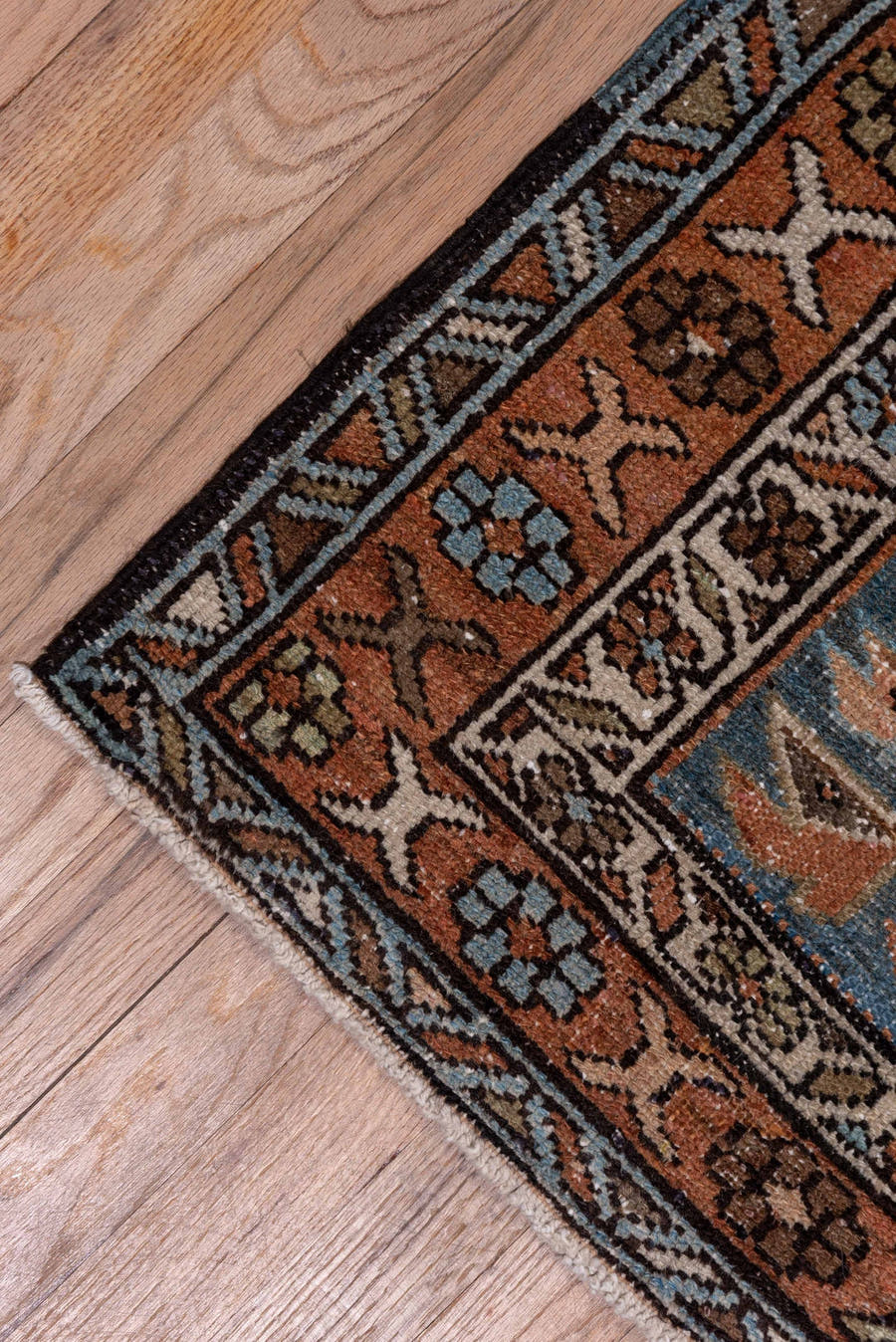 2' x 14' one-of-a-kind handmade antique Karaje runner rug. Color palette: blue, rust, ivory, brown, taupe, charcoal