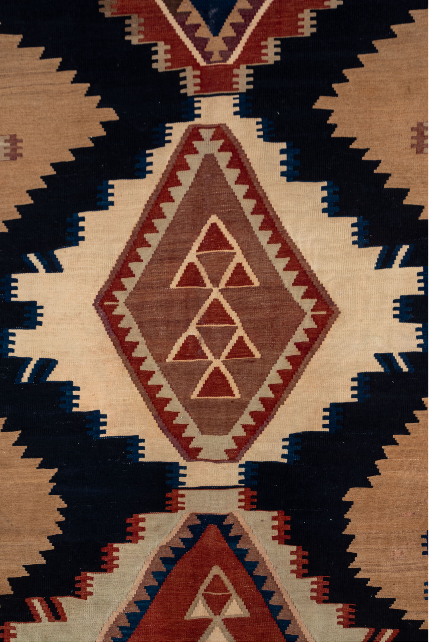6' x 15' one-of-a-kind handmade antique Kilim rug. Color palette: ivory, navy, terracotta, taupe, rust, brown, blue, beige