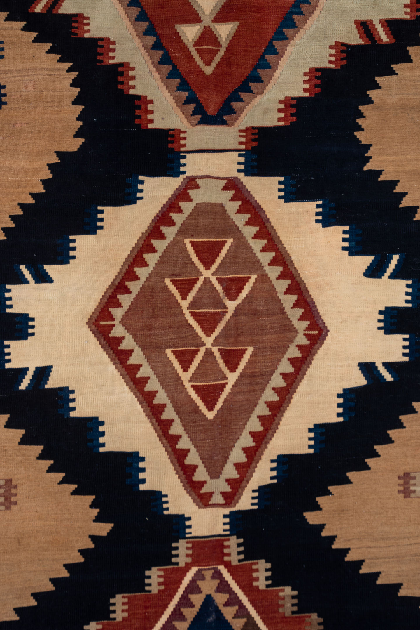 6' x 15' one-of-a-kind handmade antique Kilim rug. Color palette: ivory, navy, terracotta, taupe, rust, brown, blue, beige